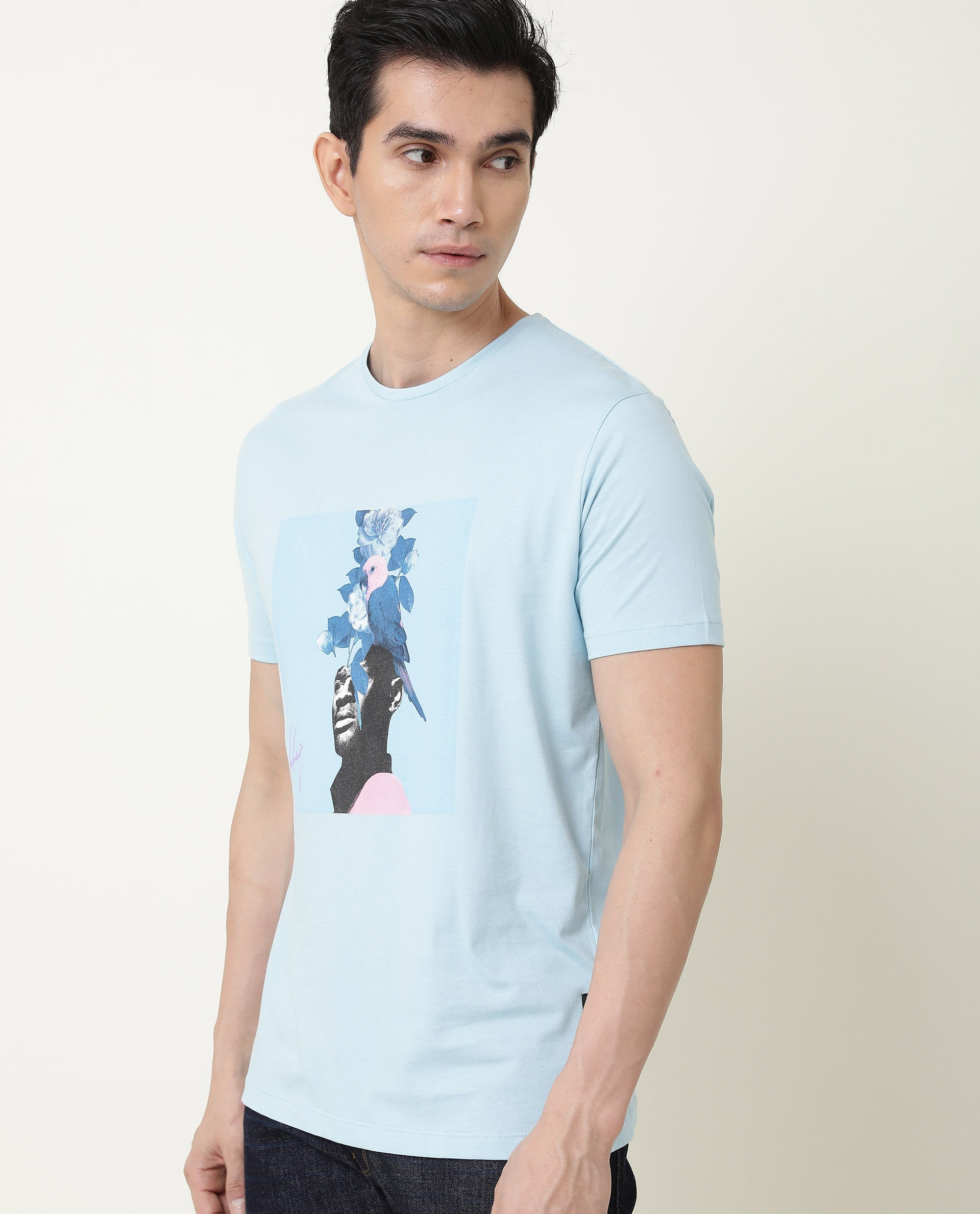 Rare Rabbit Men's Face Blue Crew Neck Discharge HD Graphic Print Half Sleeves Slim Fit T-Shirt