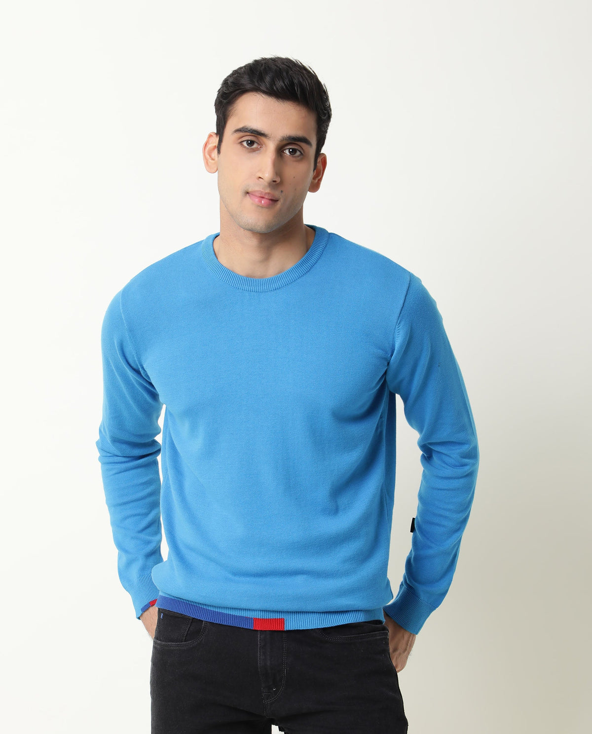 RARE RABBIT JODY PRIMARY TURQ SWEATER COTTON FABRIC FULL SLEEVE ROUND NECK SLIM FIT
