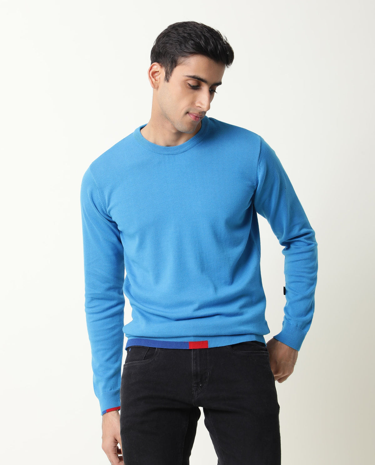 RARE RABBIT JODY PRIMARY TURQ SWEATER COTTON FABRIC FULL SLEEVE ROUND NECK SLIM FIT
