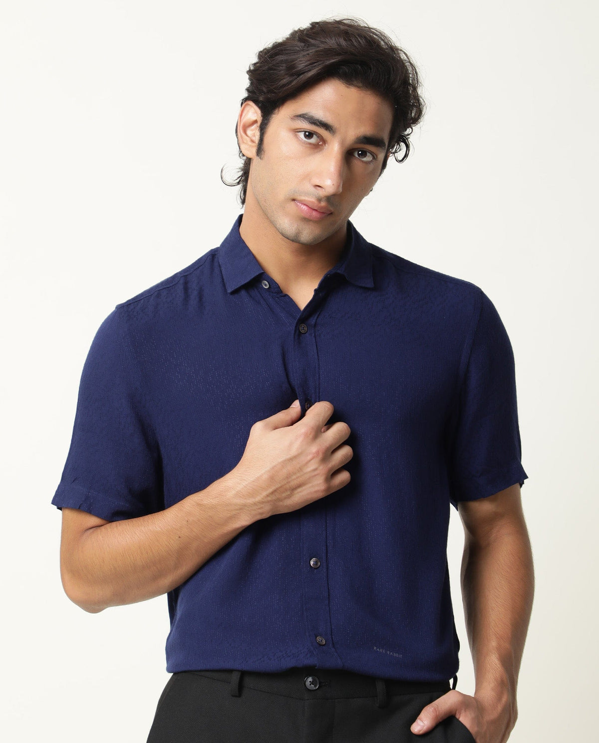 RARE RABBIT MENS JENNY NAVY SHIRT RAYON FABRIC SLIM FIT COLLAR COLLAR Short Sleeve
