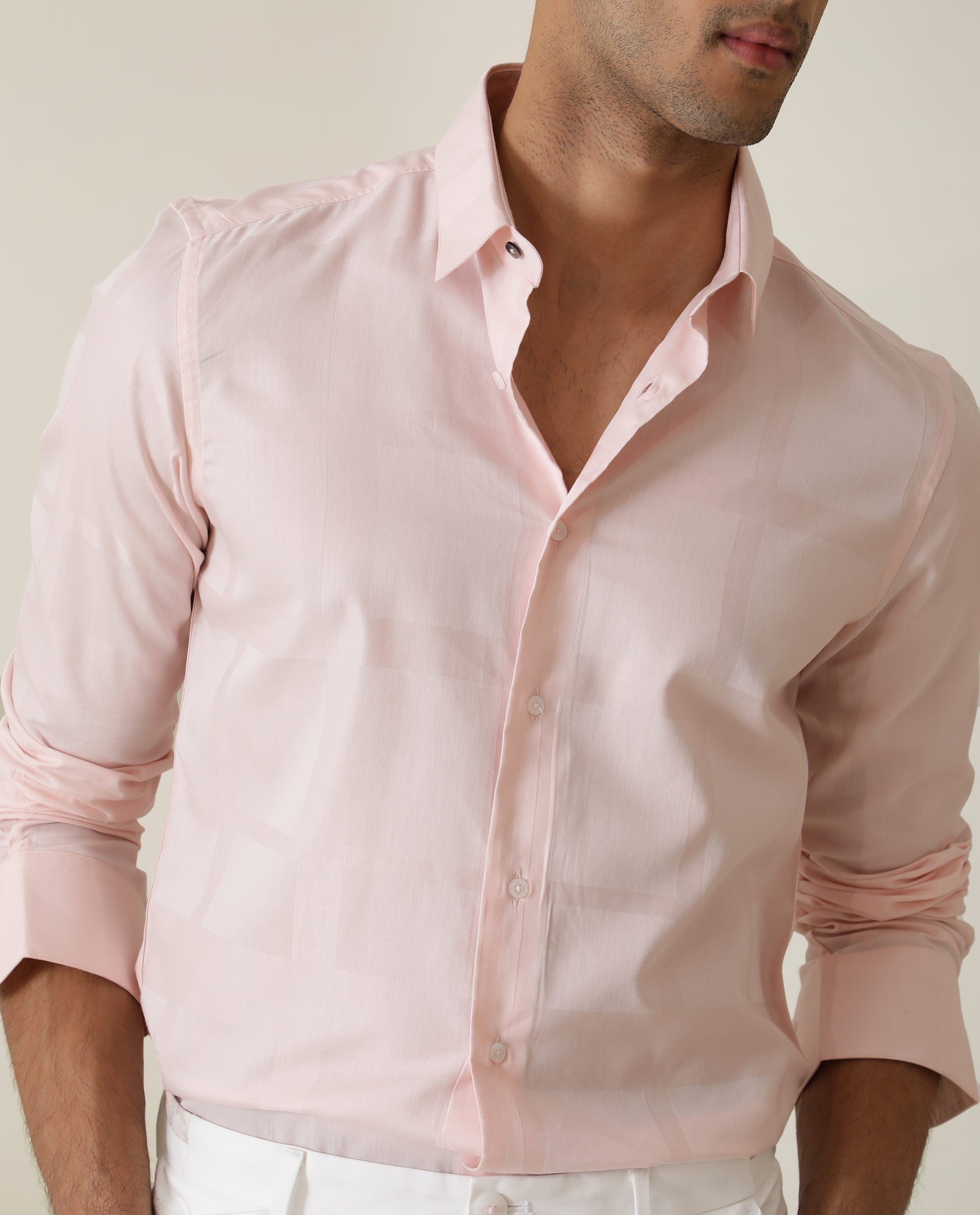 Rare Rabbit Men's Boxline Light Pink Cotton Lyocell Fabric Full Sleeves Checks Shirt
