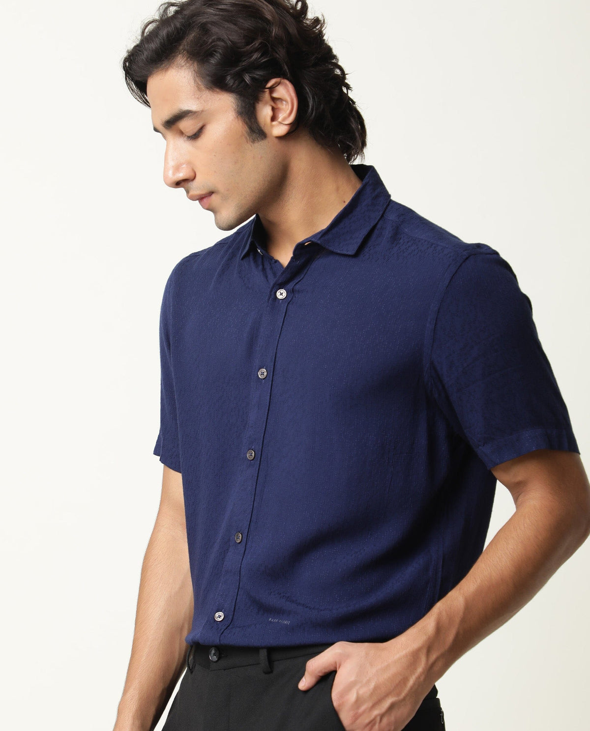 RARE RABBIT MENS JENNY NAVY SHIRT RAYON FABRIC SLIM FIT COLLAR COLLAR Short Sleeve