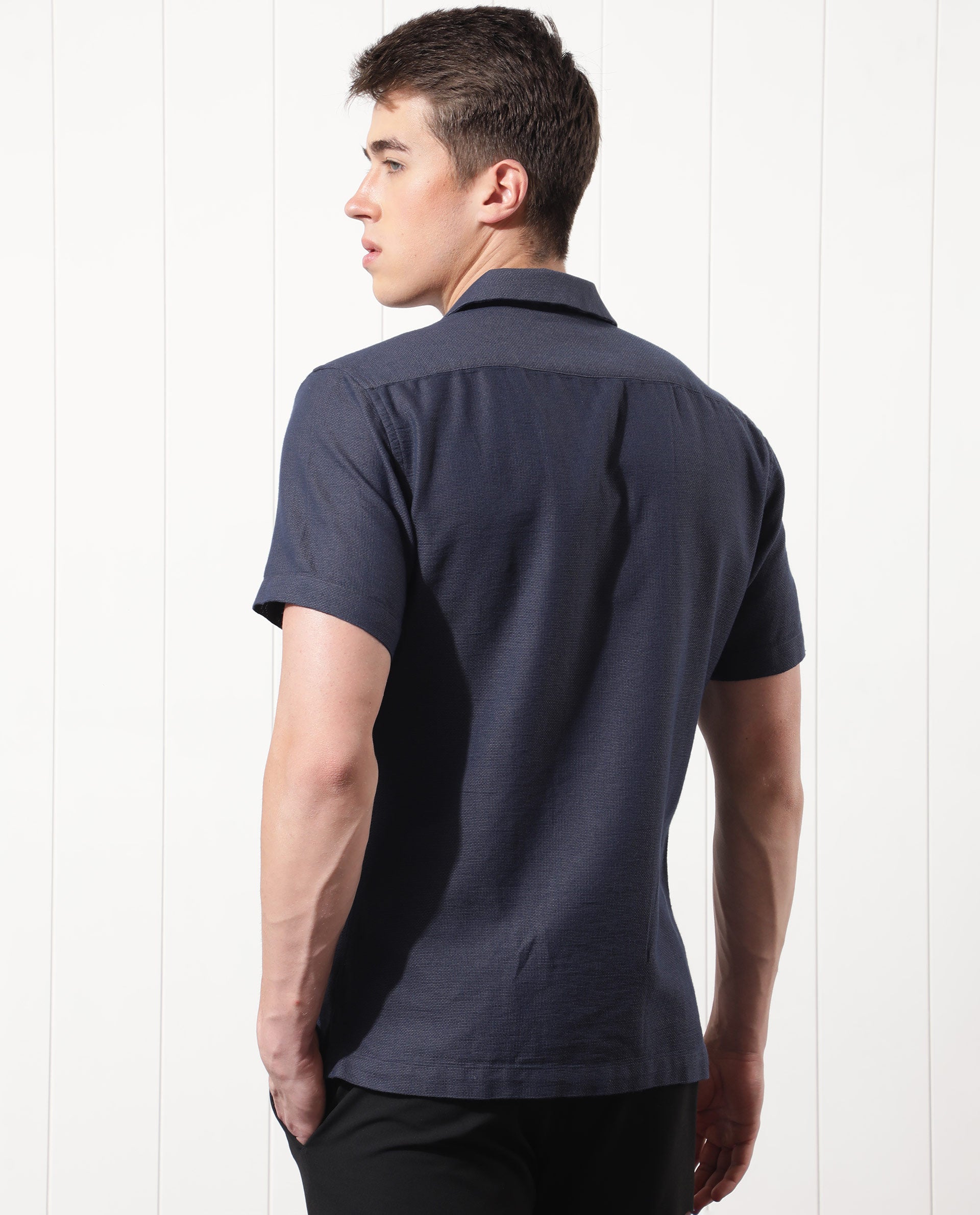 Rare Rabbit Men's Land Navy Cotton Fabric Cuban Collar Half Sleeves Knit Shirt