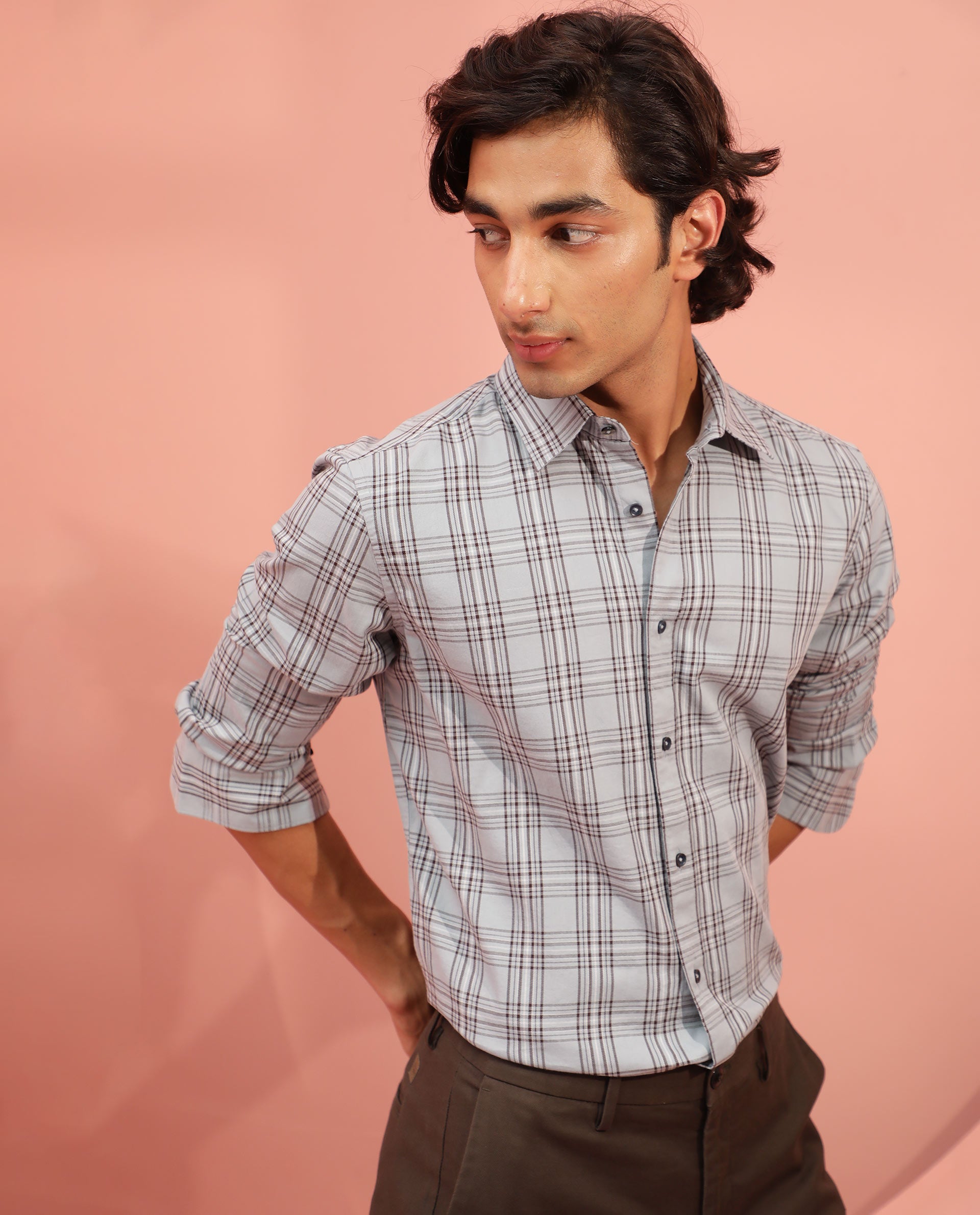 Rare Rabbit Men's Frazey Grey Cotton Fabric Full Sleeves Checks Shirt