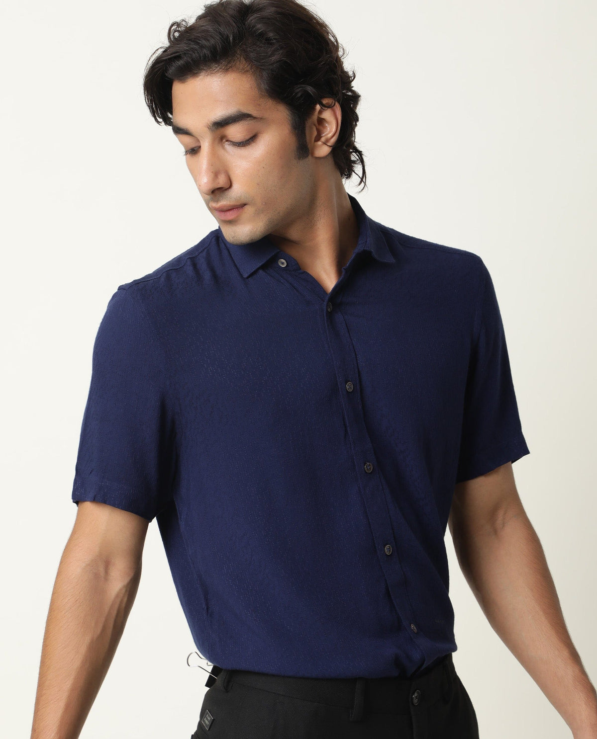 RARE RABBIT MENS JENNY NAVY SHIRT RAYON FABRIC SLIM FIT COLLAR COLLAR Short Sleeve