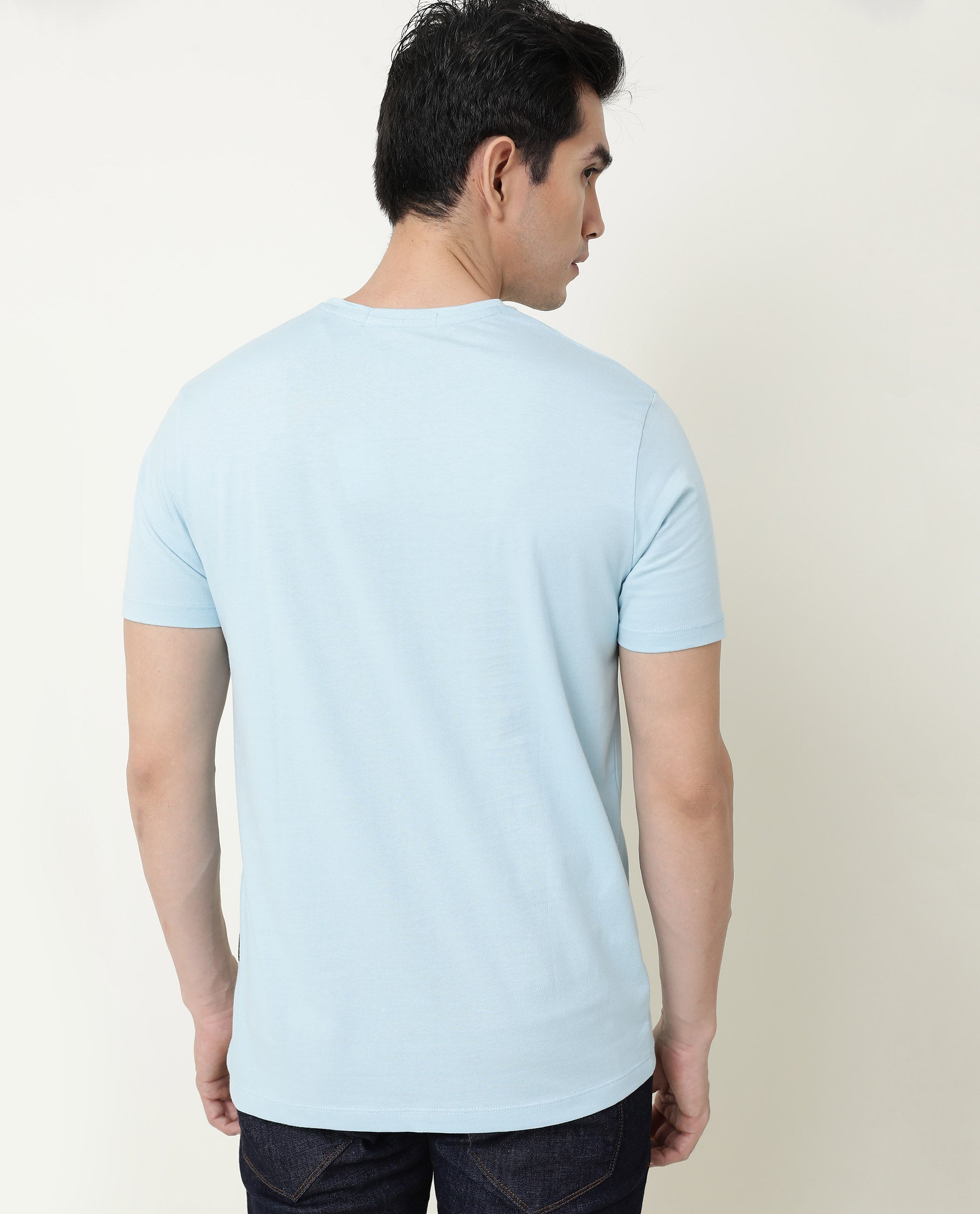 Rare Rabbit Men's Face Blue Crew Neck Discharge HD Graphic Print Half Sleeves Slim Fit T-Shirt