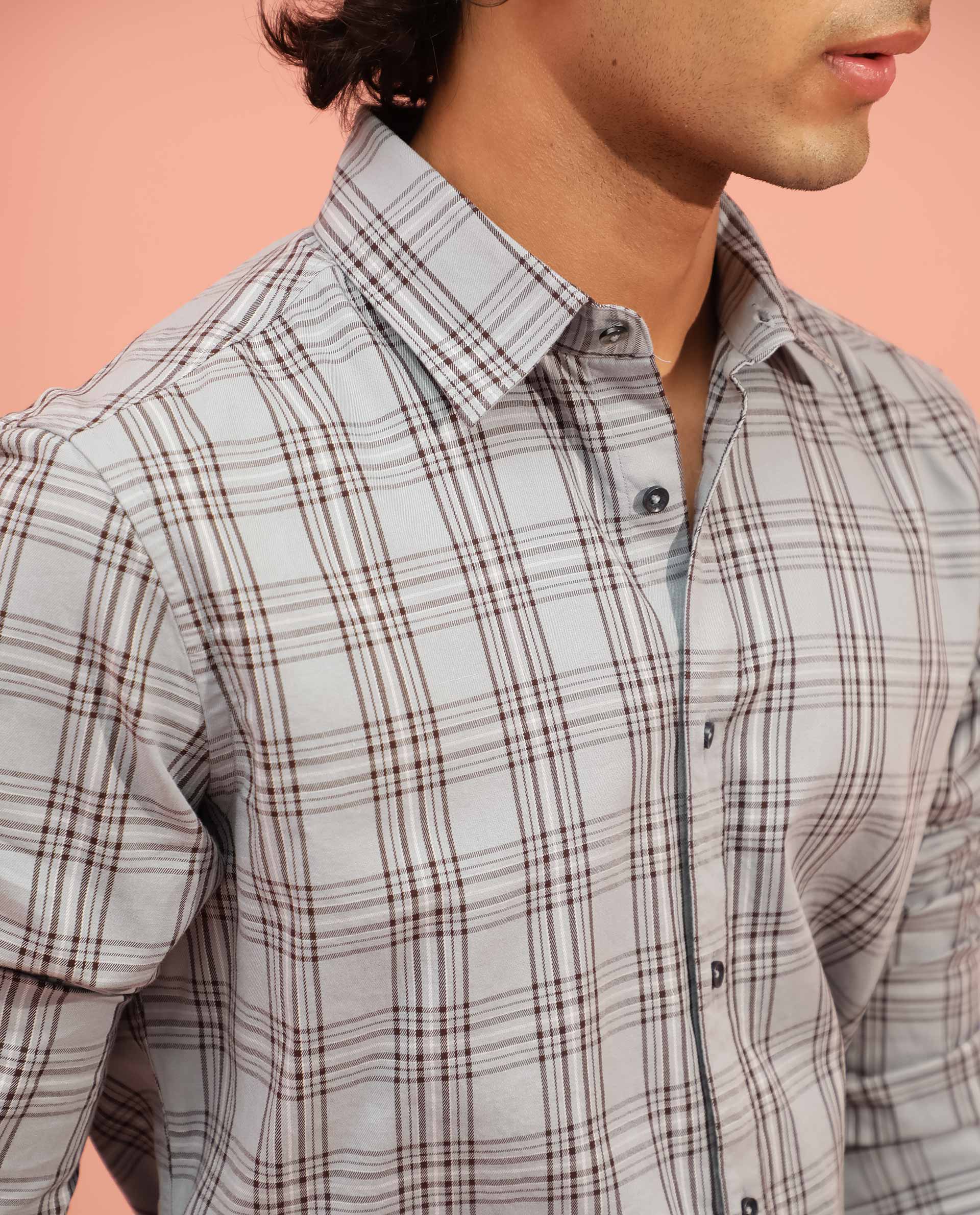 Rare Rabbit Men's Frazey Grey Cotton Fabric Full Sleeves Checks Shirt