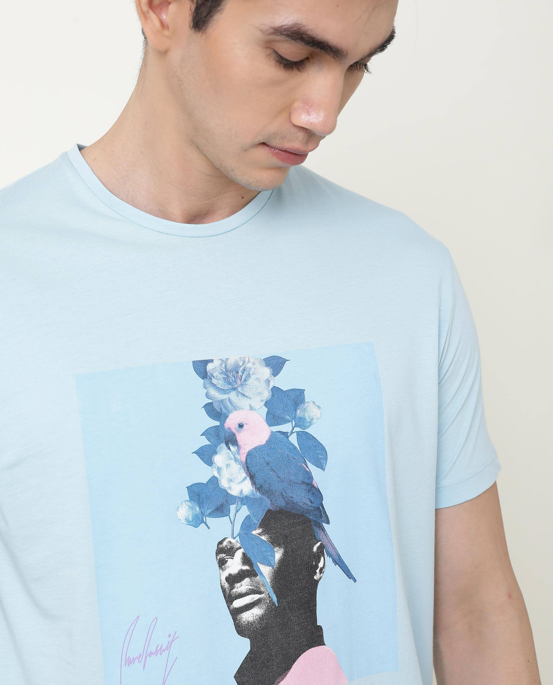 Rare Rabbit Men's Face Blue Crew Neck Discharge HD Graphic Print Half Sleeves Slim Fit T-Shirt