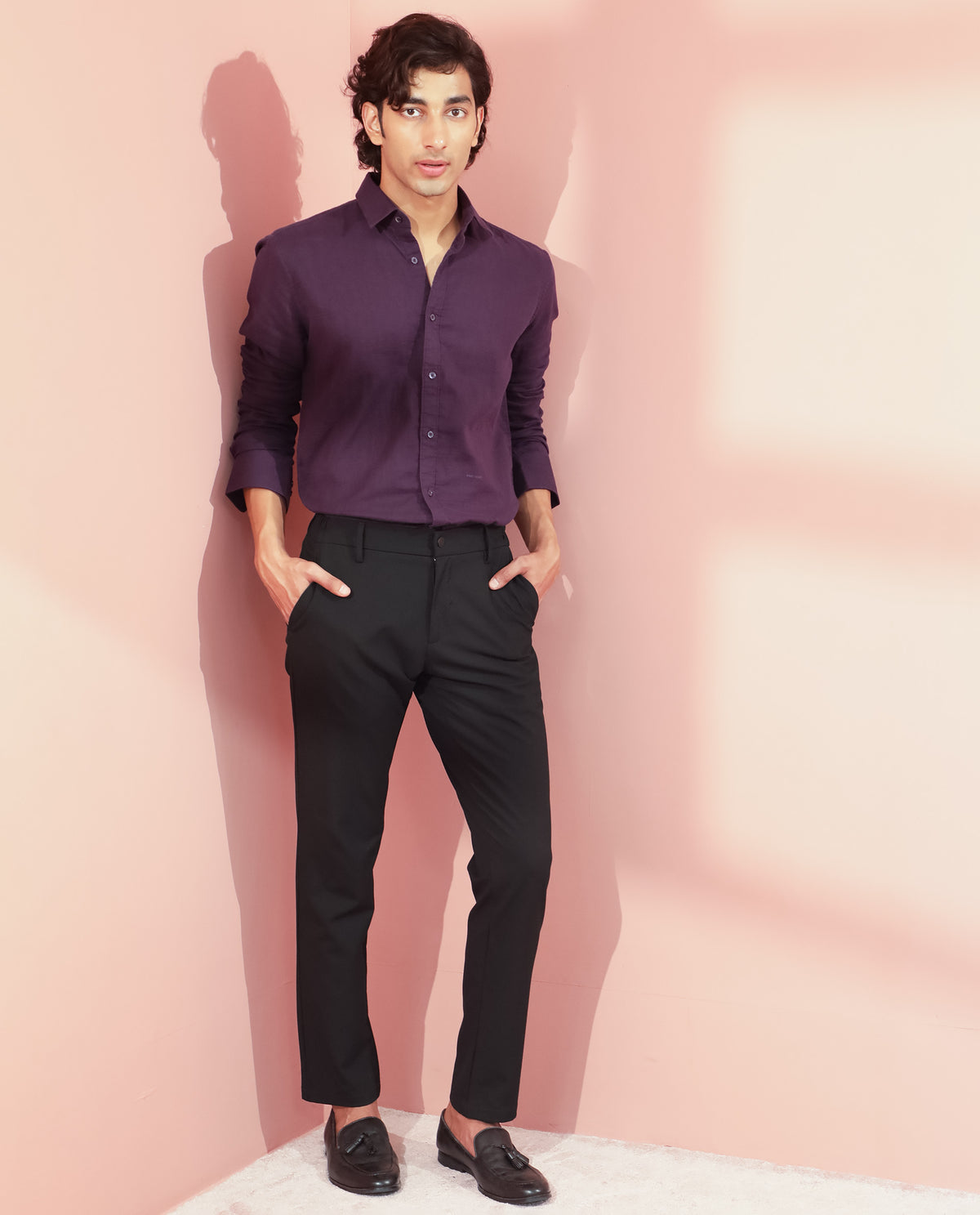 Rare Rabbit Men's Layerr Dark Purple Cotton Fabric Full Sleeves Solid Shirt