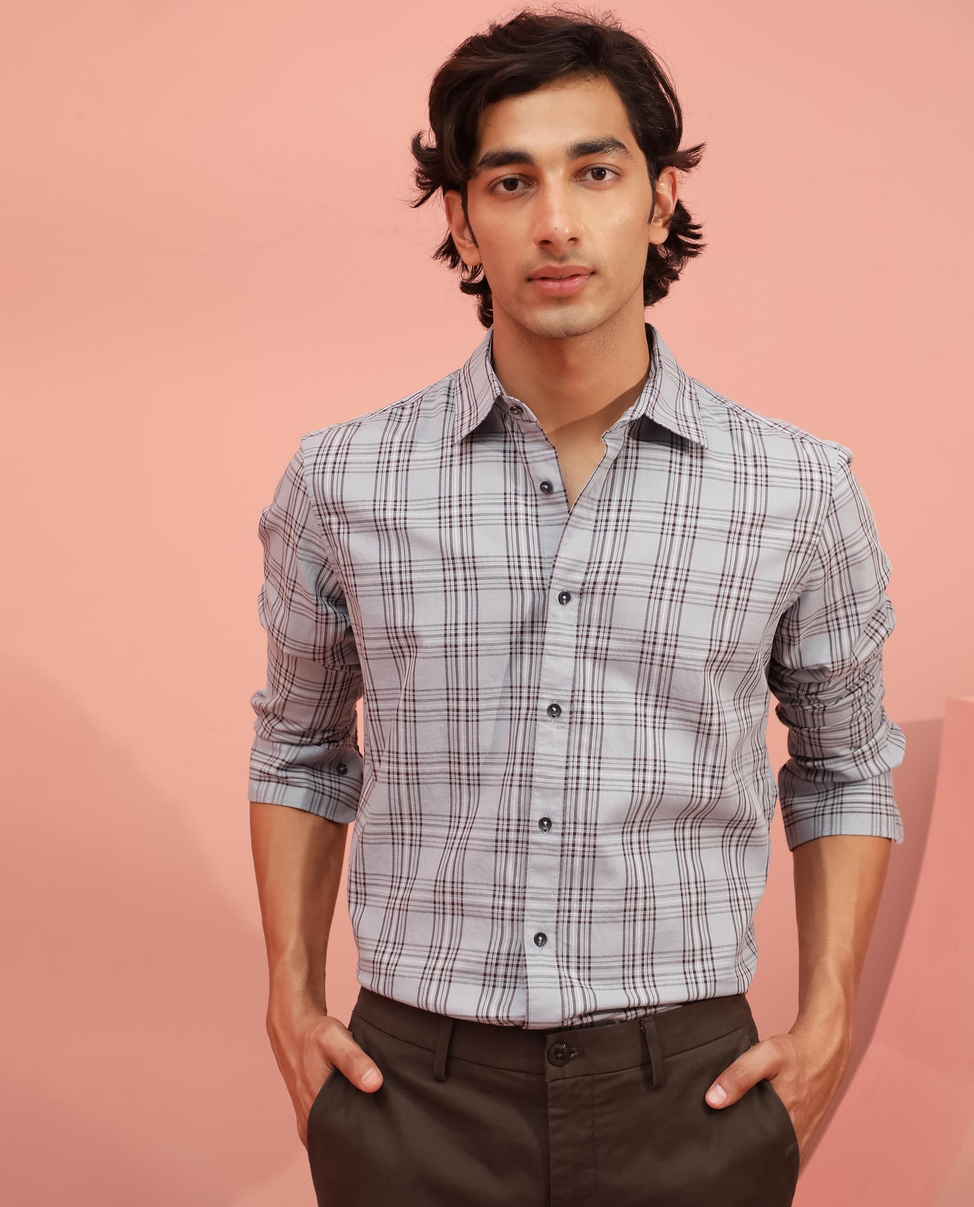 Rare Rabbit Men's Frazey Grey Cotton Fabric Full Sleeves Checks Shirt