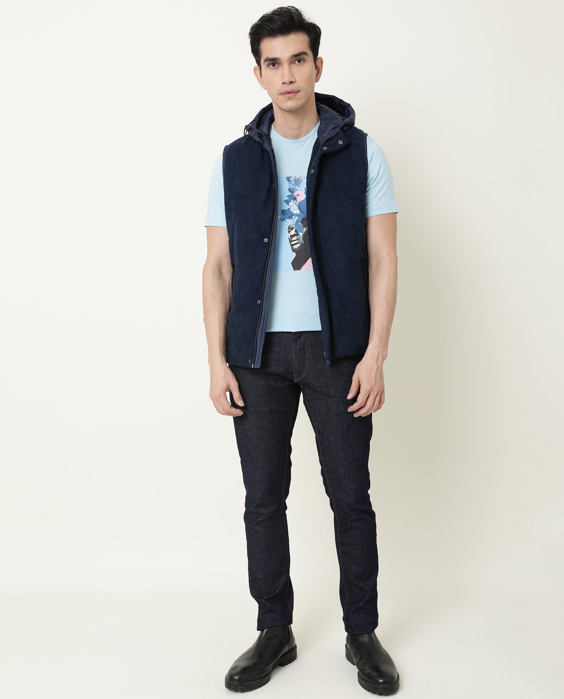 Rare Rabbit Men's Face Blue Crew Neck Discharge HD Graphic Print Half Sleeves Slim Fit T-Shirt