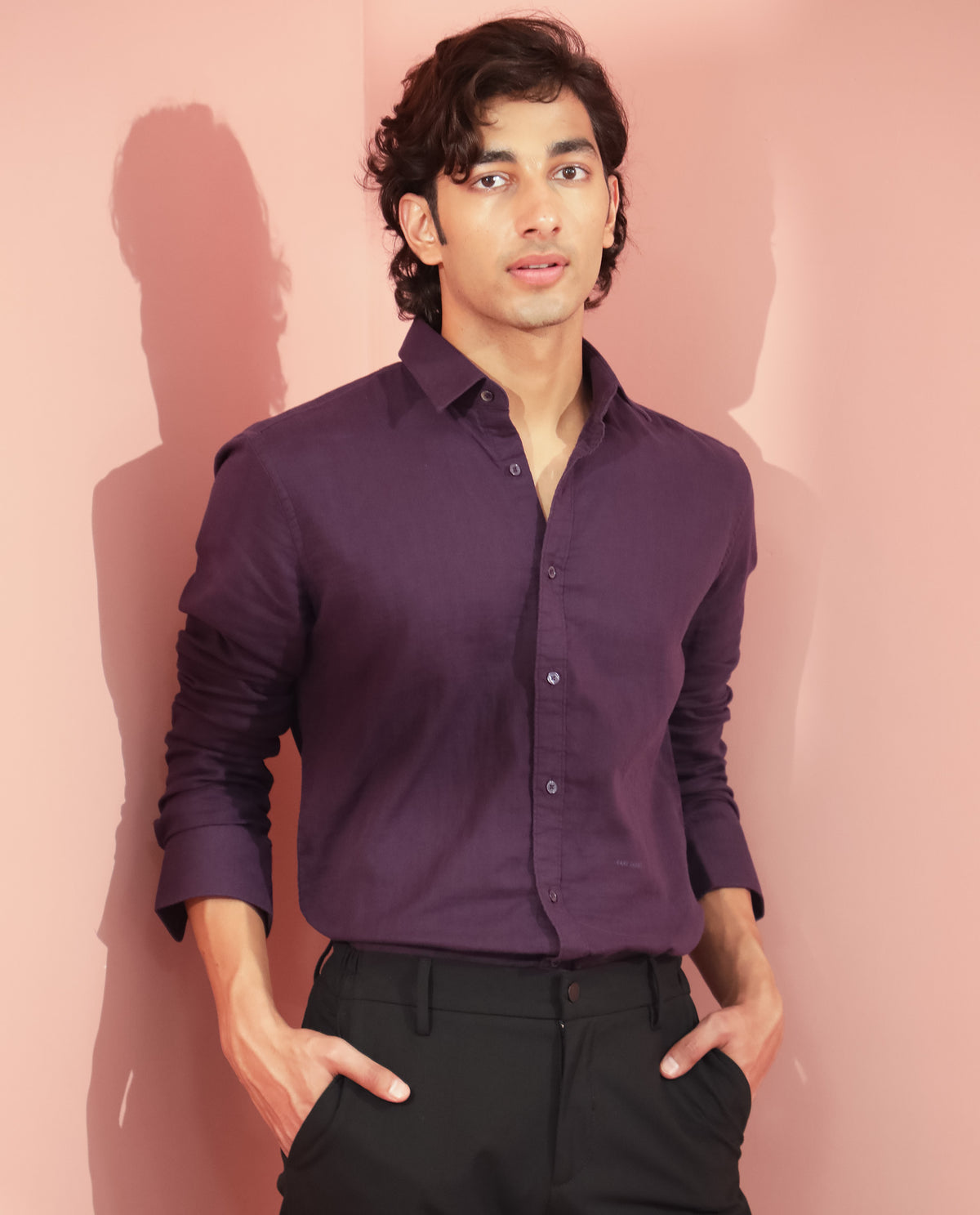 Rare Rabbit Men's Layerr Dark Purple Cotton Fabric Full Sleeves Solid Shirt