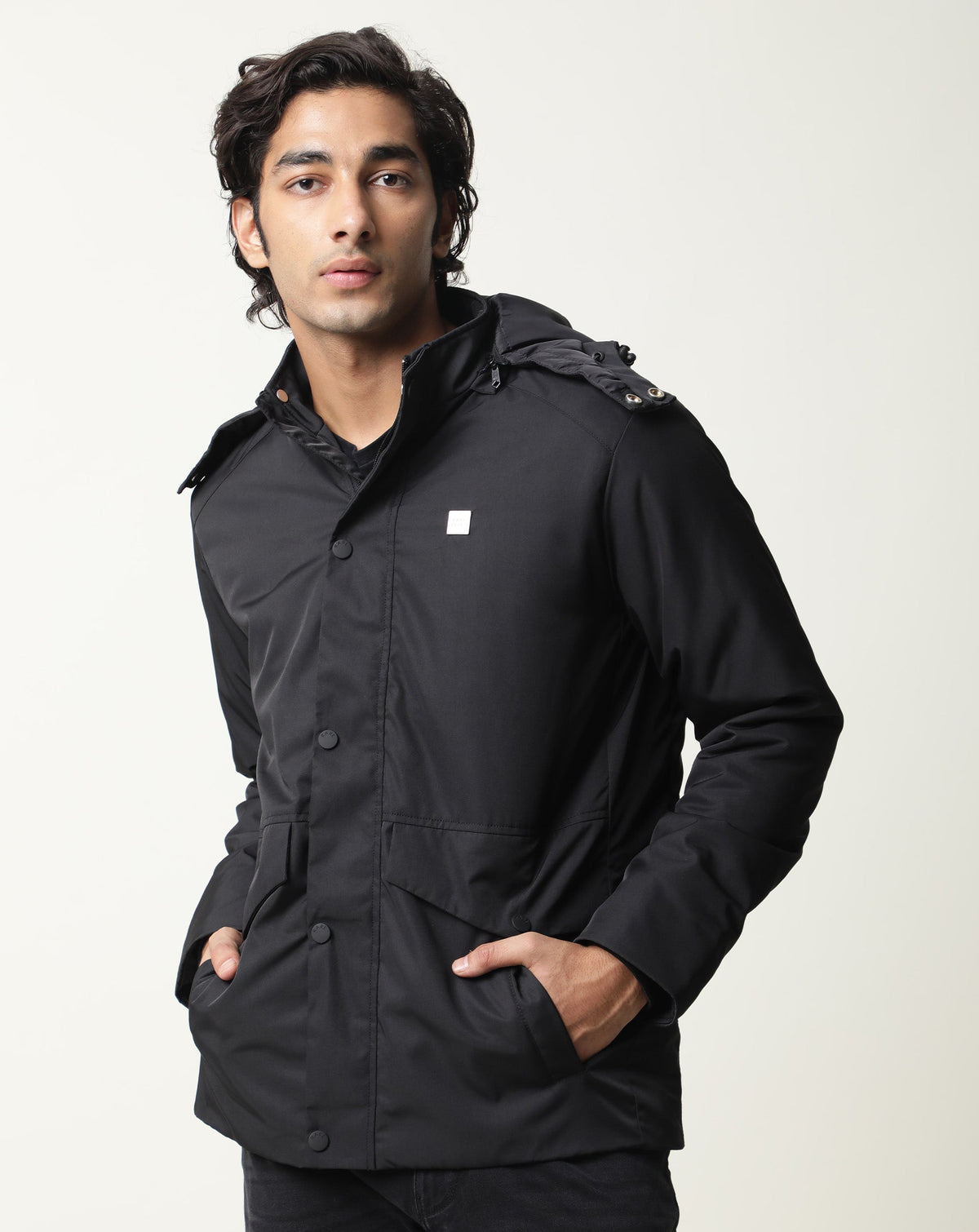 Rare Rabbit Mens Venue Primary Black Jacket Polyester Fabric Full Sleeve Hooded Slim Fit