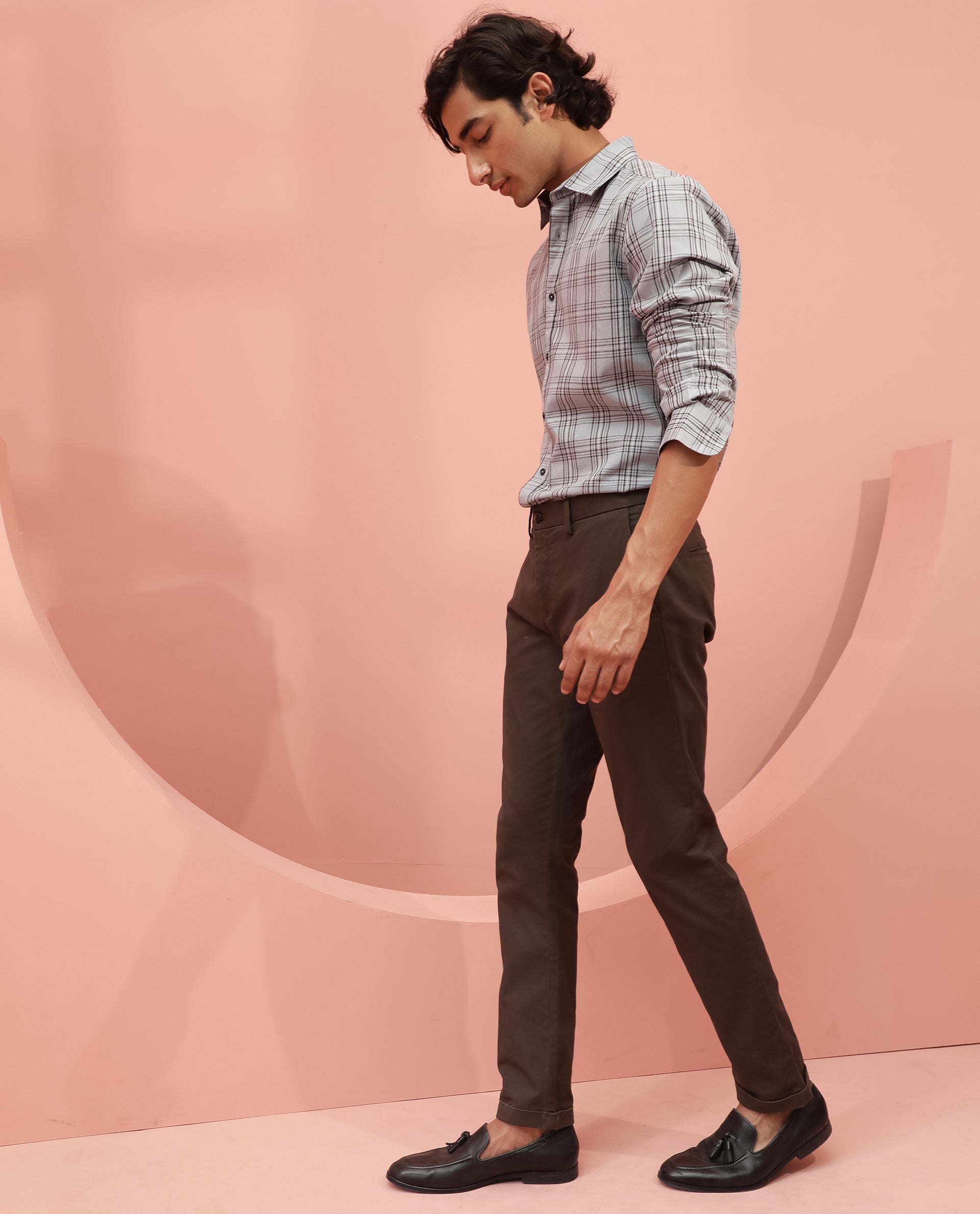 Rare Rabbit Men's Frazey Grey Cotton Fabric Full Sleeves Checks Shirt