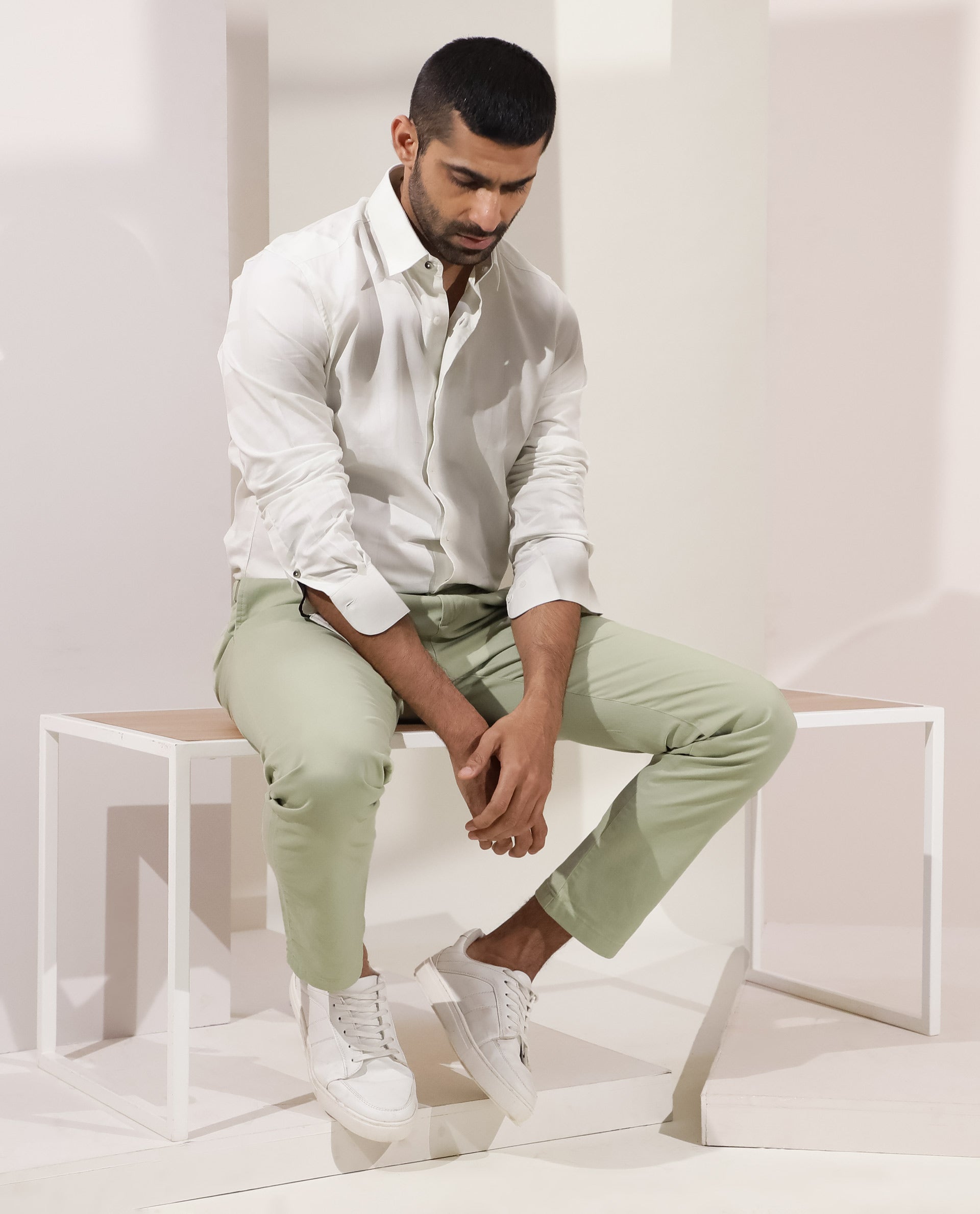 Rare Rabbit Men's Boxline Off White Cotton Lyocell Fabric Full Sleeves Checks Shirt