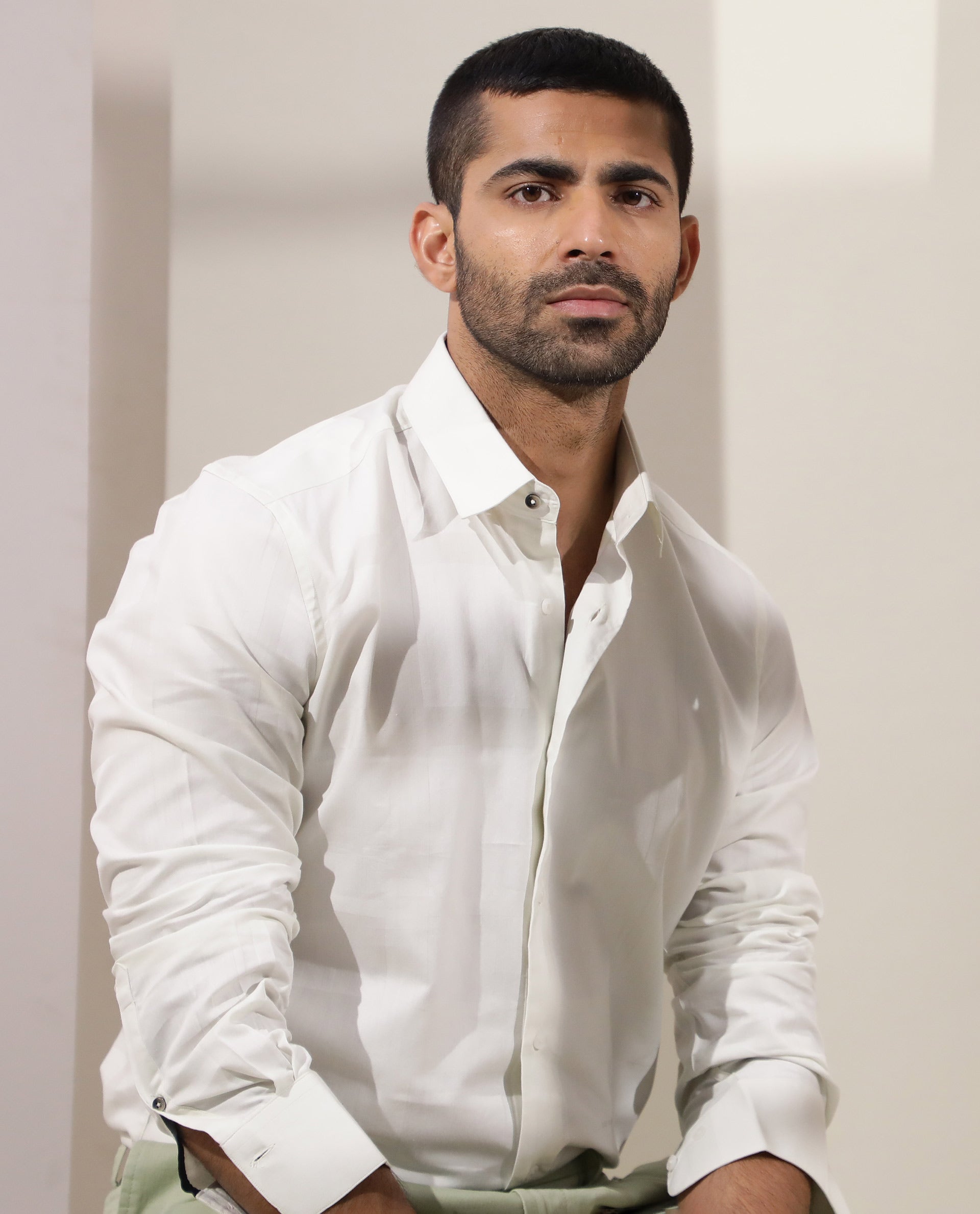 Rare Rabbit Men's Boxline Off White Cotton Lyocell Fabric Full Sleeves Checks Shirt