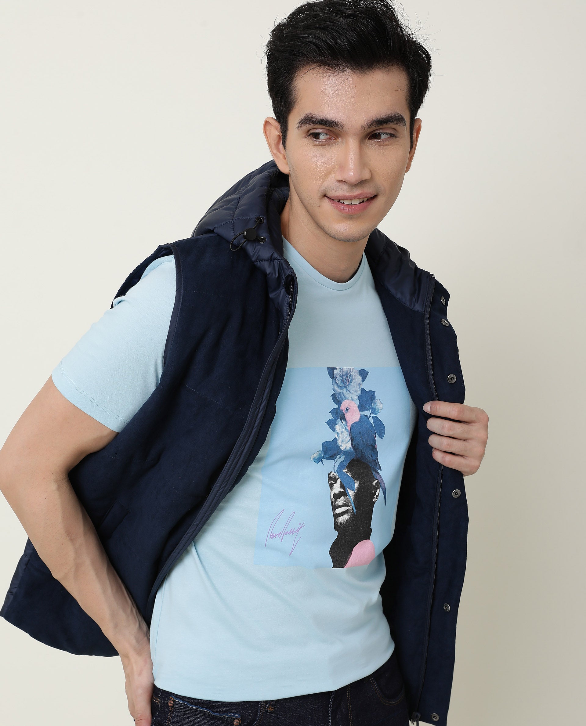 Rare Rabbit Men's Face Blue Crew Neck Discharge HD Graphic Print Half Sleeves Slim Fit T-Shirt