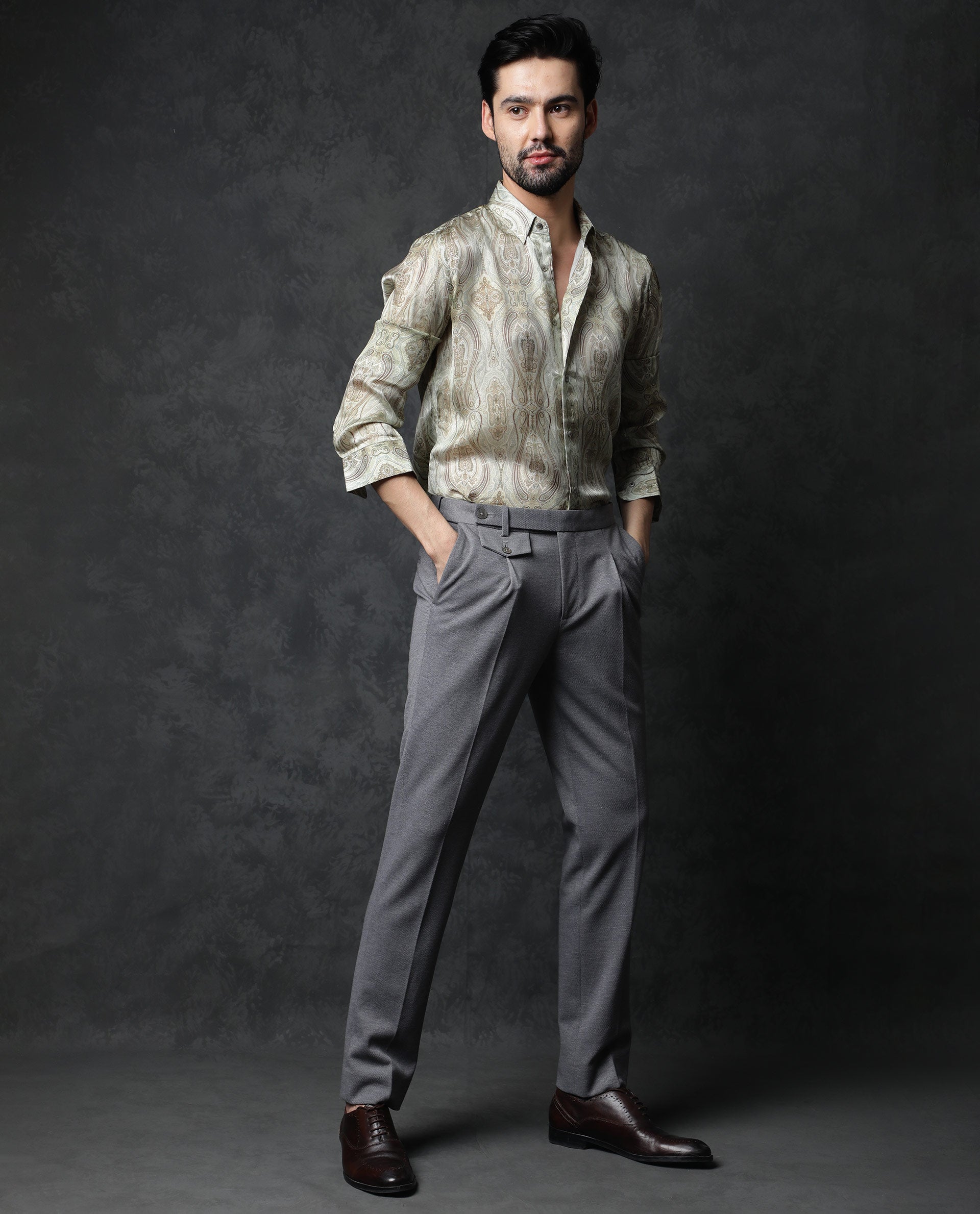 Rare Rabbit Men's Fable Light Olive Satin Paisley Print Full Sleeves Shirt