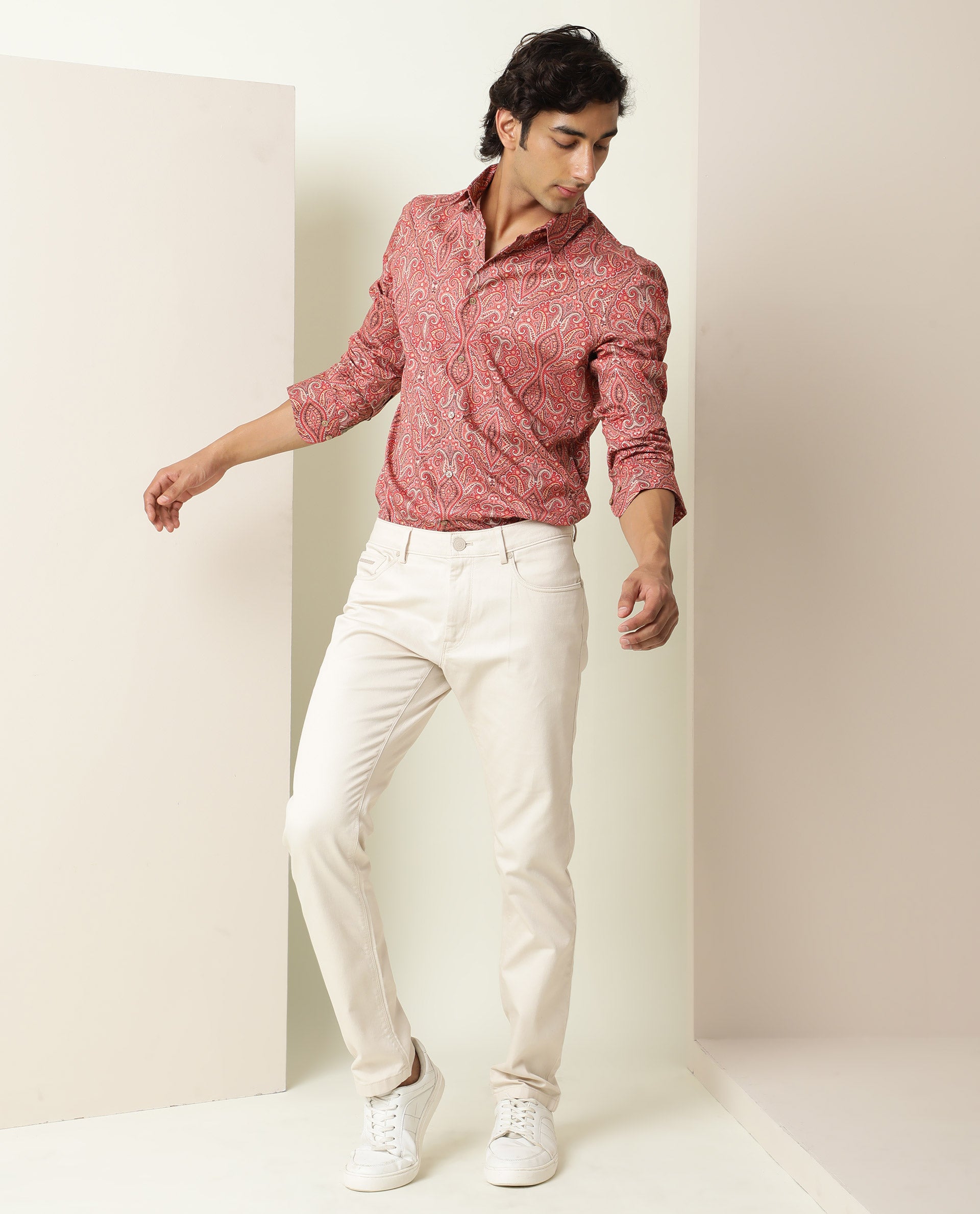 Rare Rabbit Men's Moire Red Cotton Fabric Paisley Print Full Sleeves Shirt