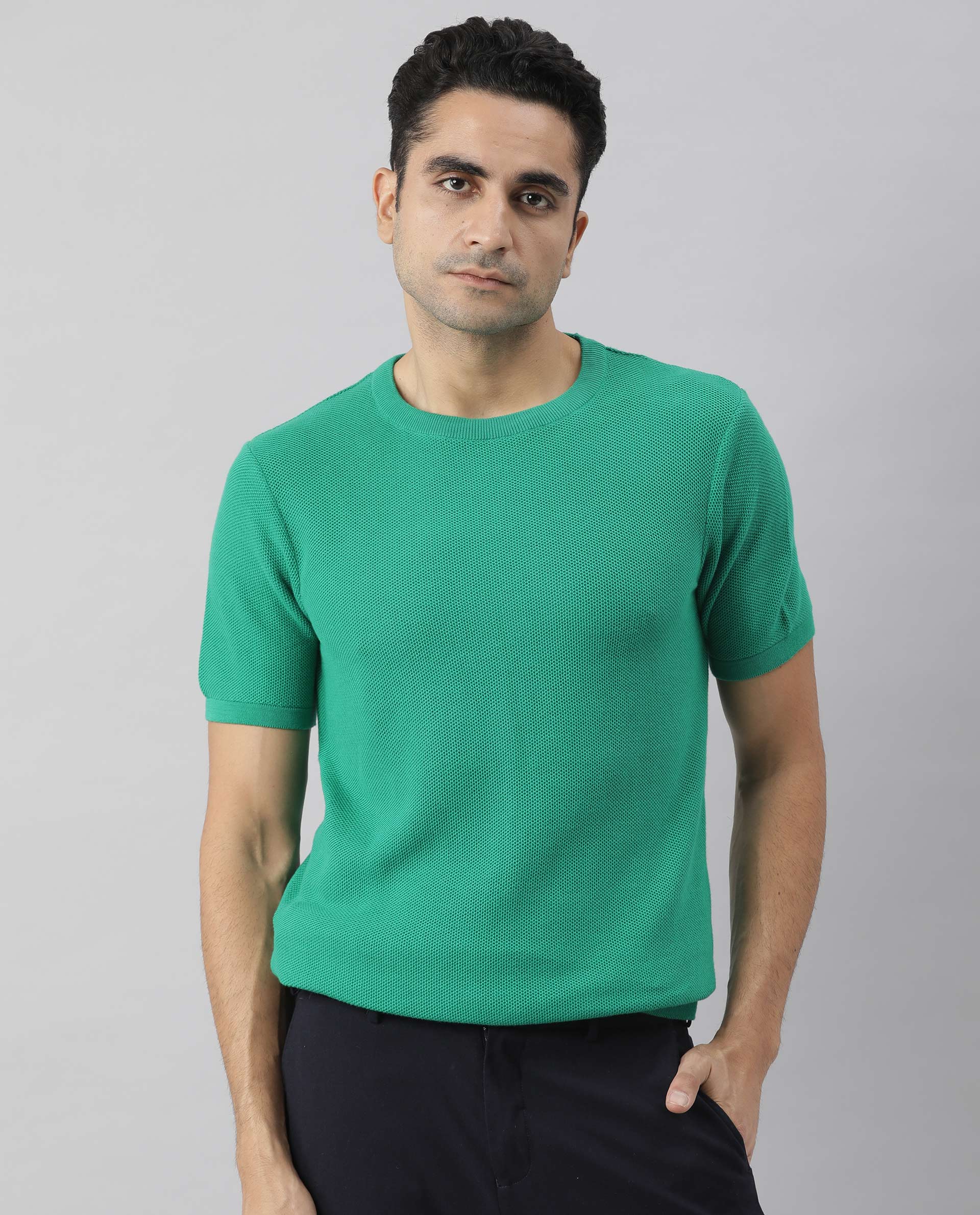 Rare Rabbit Men's Clue Green Solid Crew Neck Popcorn Textured Half Sleeves T-Shirt