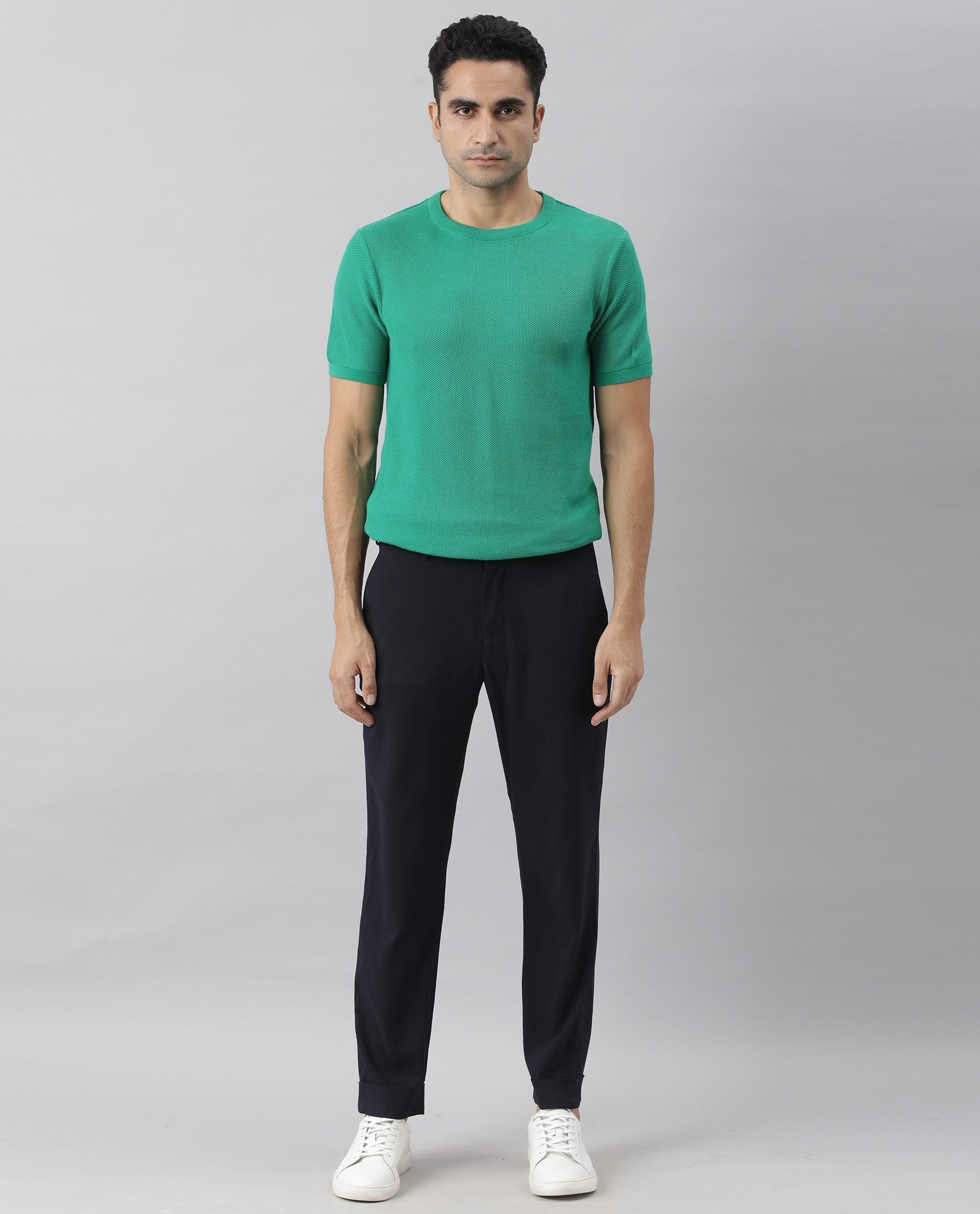 Rare Rabbit Men's Clue Green Solid Crew Neck Popcorn Textured Half Sleeves T-Shirt