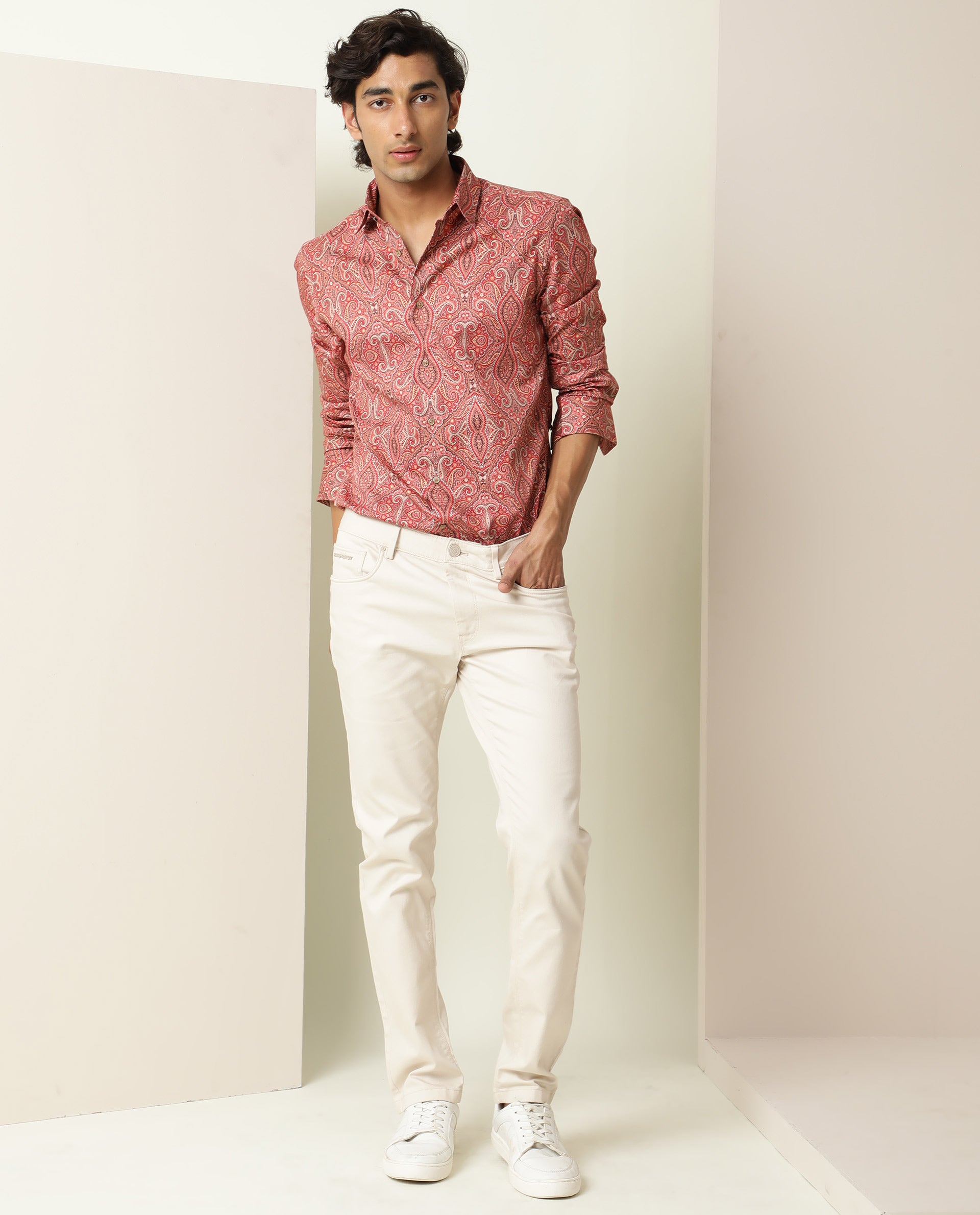 Rare Rabbit Men's Moire Red Cotton Fabric Paisley Print Full Sleeves Shirt