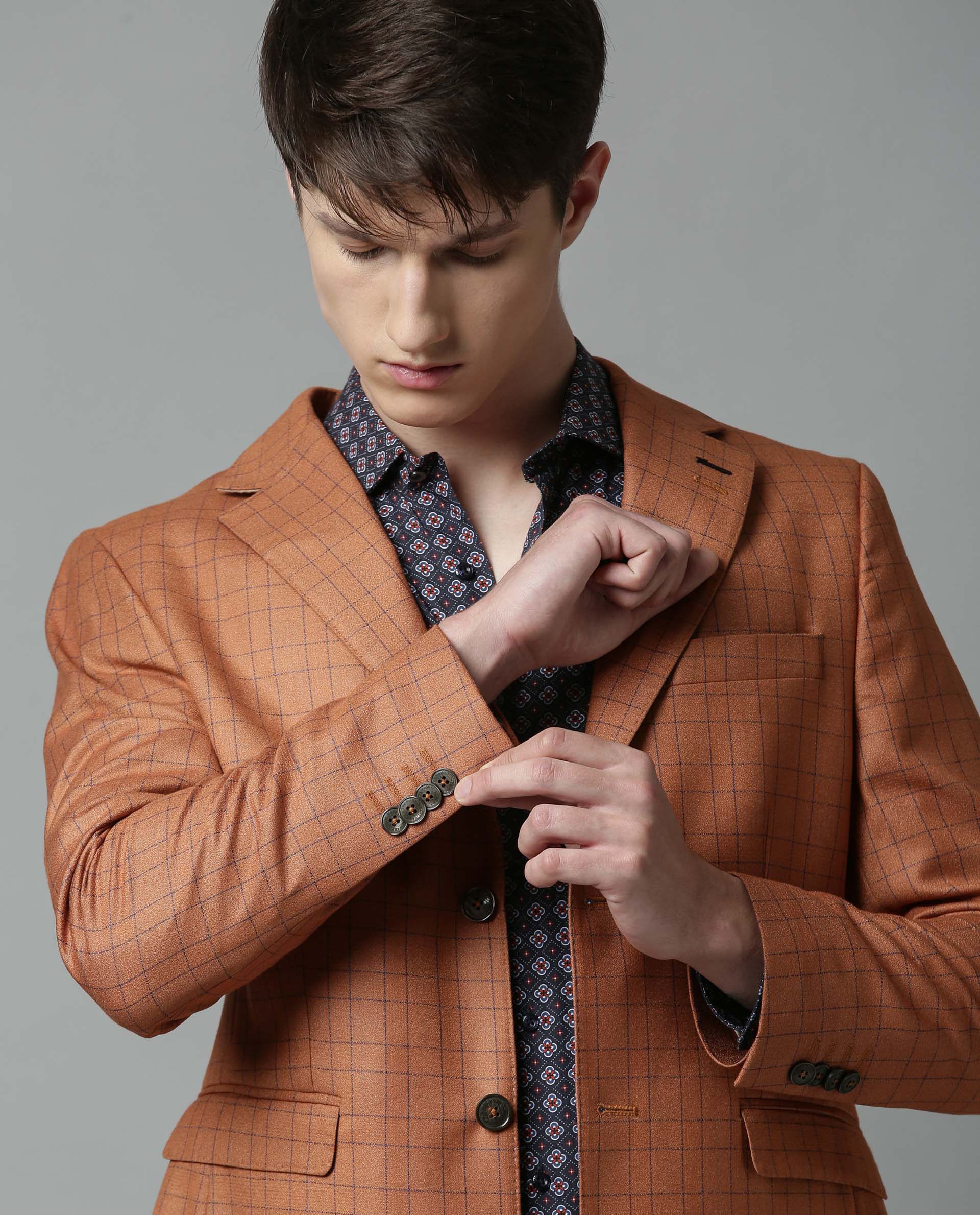 Rare Rabbit Men'S Rage Rust Blazer Full Sleeves Checks Slim Fit