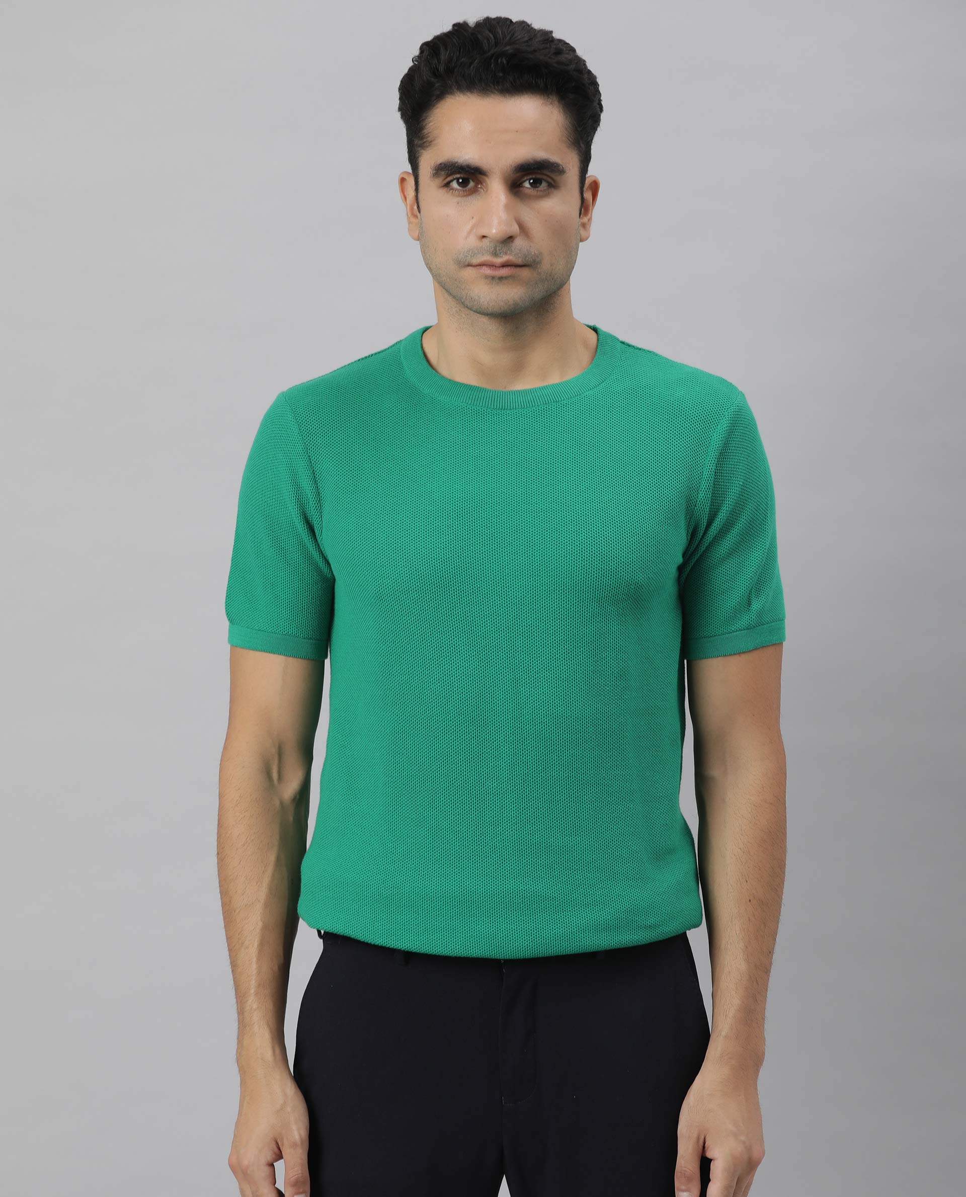 Rare Rabbit Men's Clue Green Solid Crew Neck Popcorn Textured Half Sleeves T-Shirt