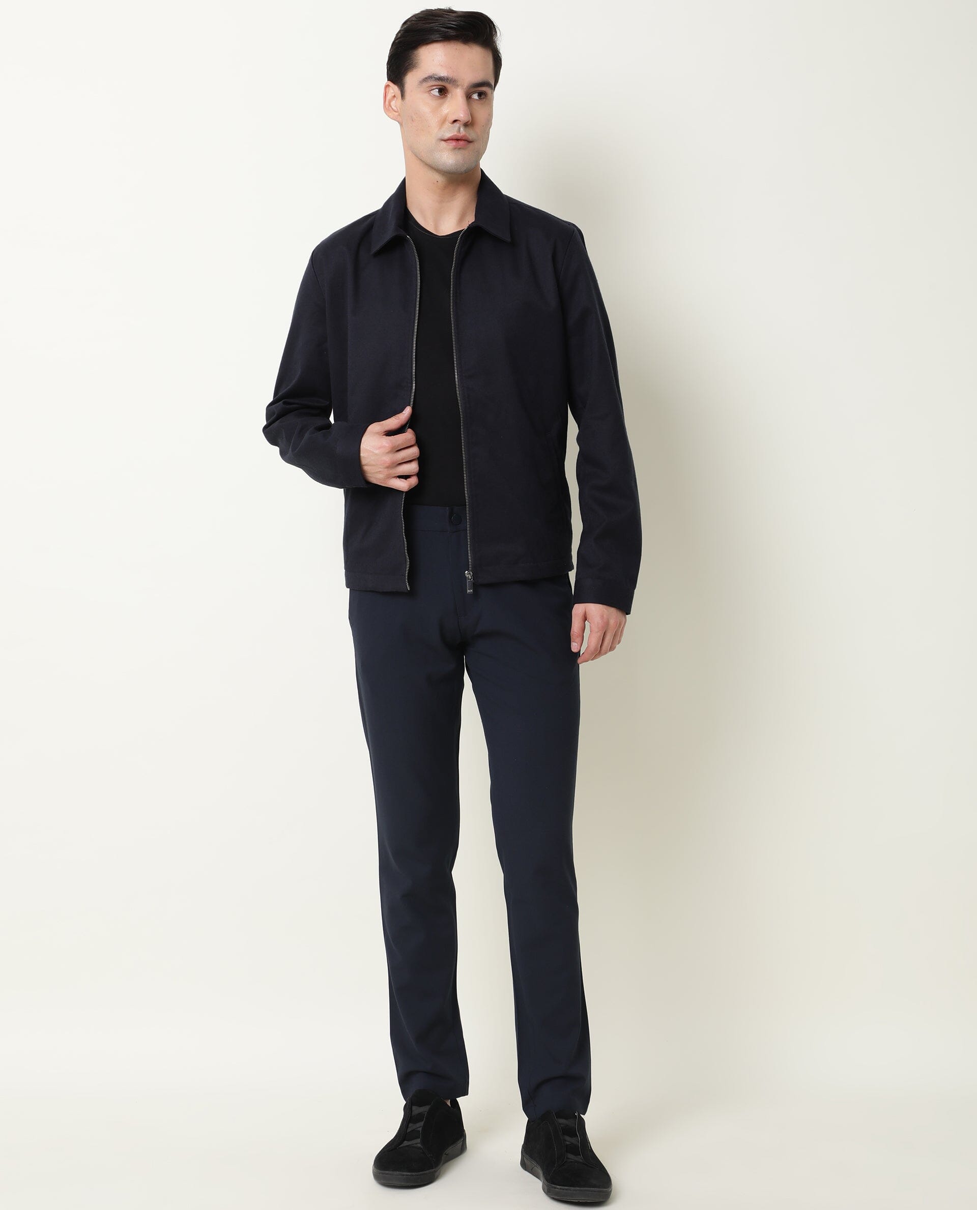 RARE RABBIT MEN'S MILKEN NAVY JACKET COTTON VISCOSE FABRIC COLLARED NECK FULL SLEEVES ZIPPER CLOSURE SLIM FIT