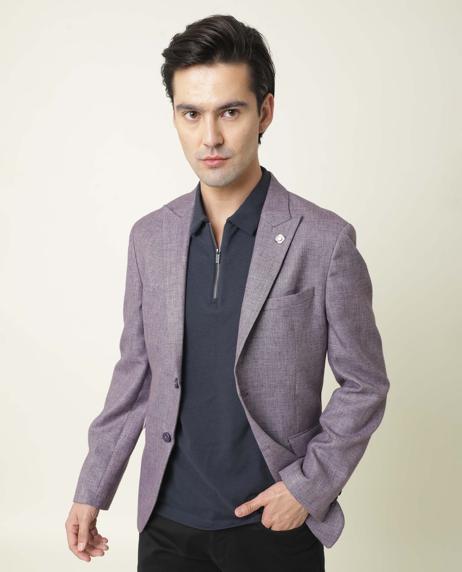 Rare Rabbit Men's Drews Purple Polyester Viscose Fabric Peak Lapel Single Breasted Tailored Fit Textured Blazer