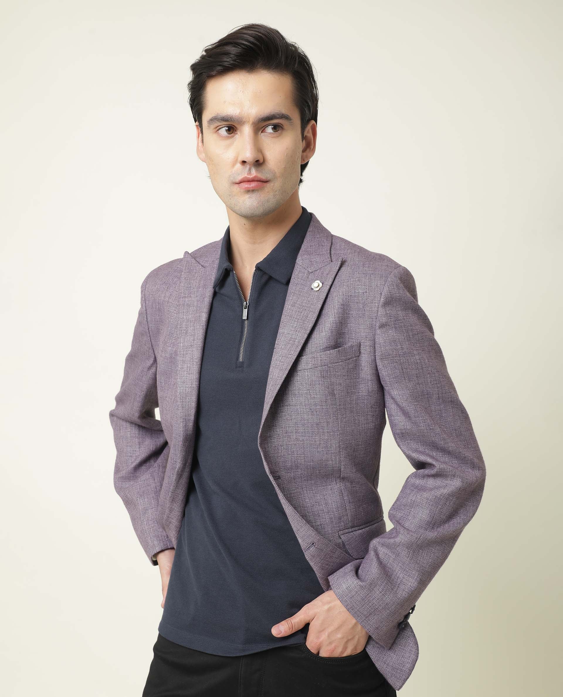 Rare Rabbit Men's Drews Purple Polyester Viscose Fabric Peak Lapel Single Breasted Tailored Fit Textured Blazer