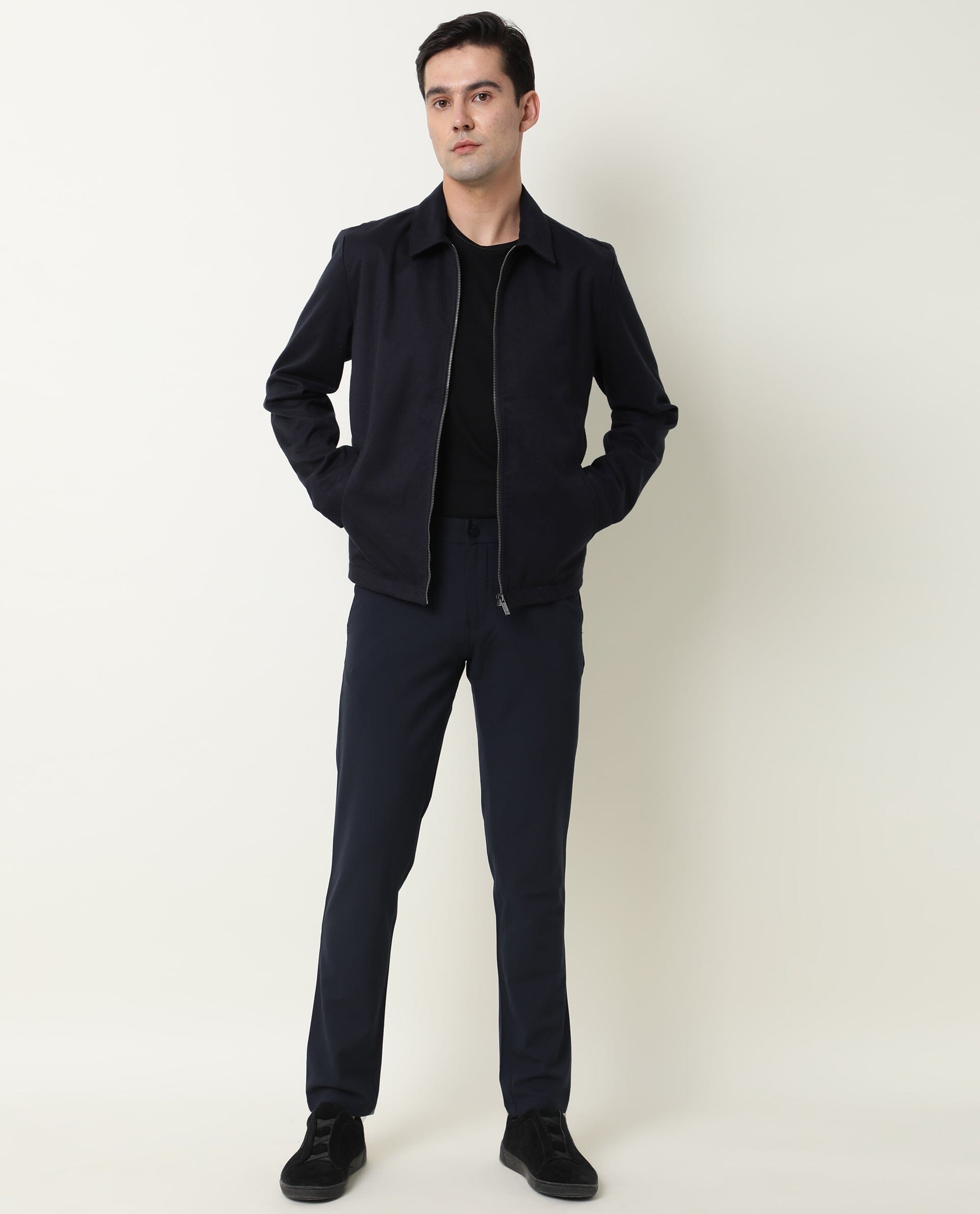 RARE RABBIT MEN'S MILKEN NAVY JACKET COTTON VISCOSE FABRIC COLLARED NECK FULL SLEEVES ZIPPER CLOSURE SLIM FIT