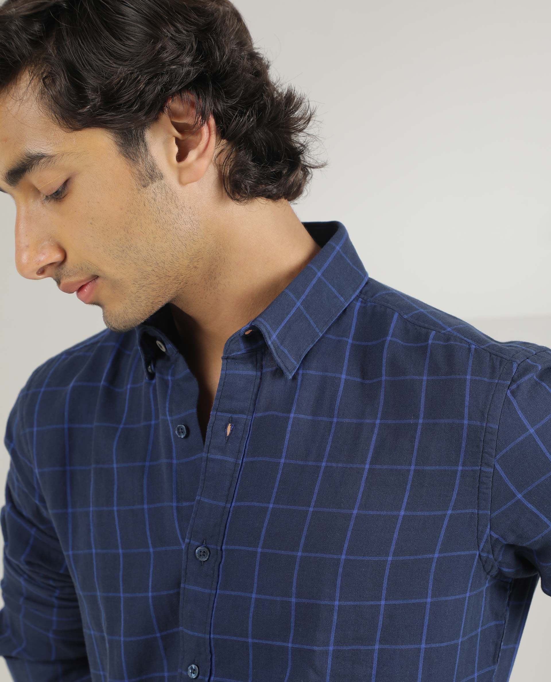 Rare Rabbit Men's Clara Navy Cotton Fabric Full Sleeves Checks Shirt