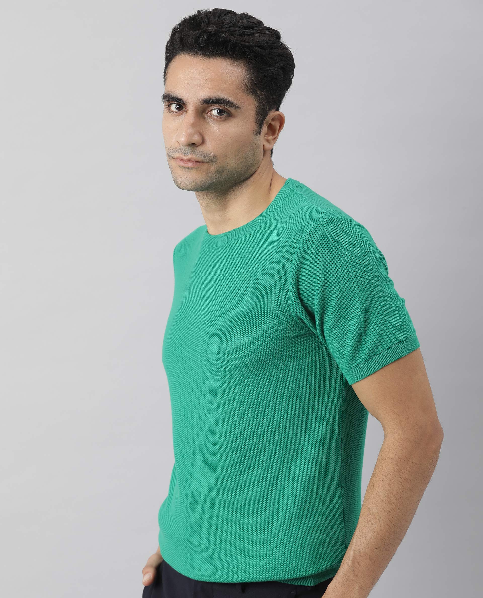 Rare Rabbit Men's Clue Green Solid Crew Neck Popcorn Textured Half Sleeves T-Shirt