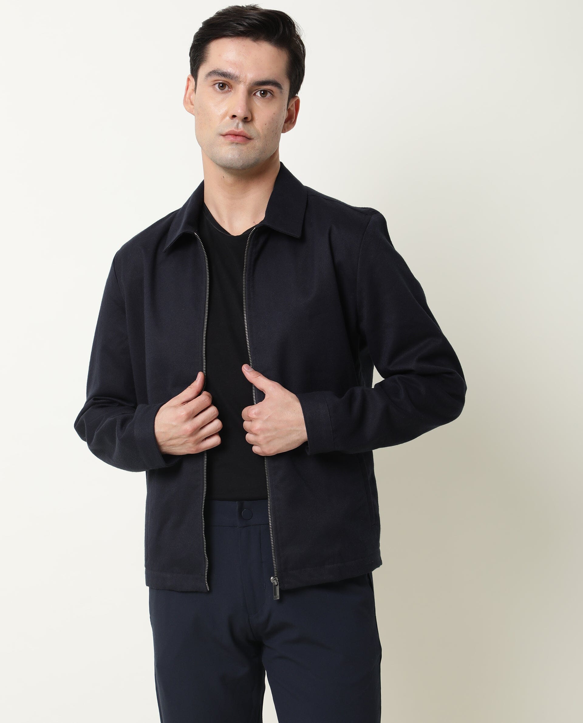 RARE RABBIT MEN'S MILKEN NAVY JACKET COTTON VISCOSE FABRIC COLLARED NECK FULL SLEEVES ZIPPER CLOSURE SLIM FIT