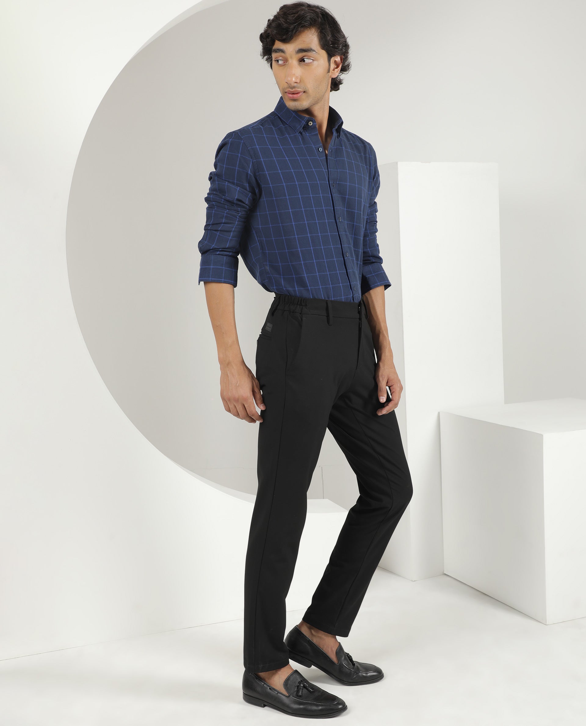 Rare Rabbit Men's Clara Navy Cotton Fabric Full Sleeves Checks Shirt