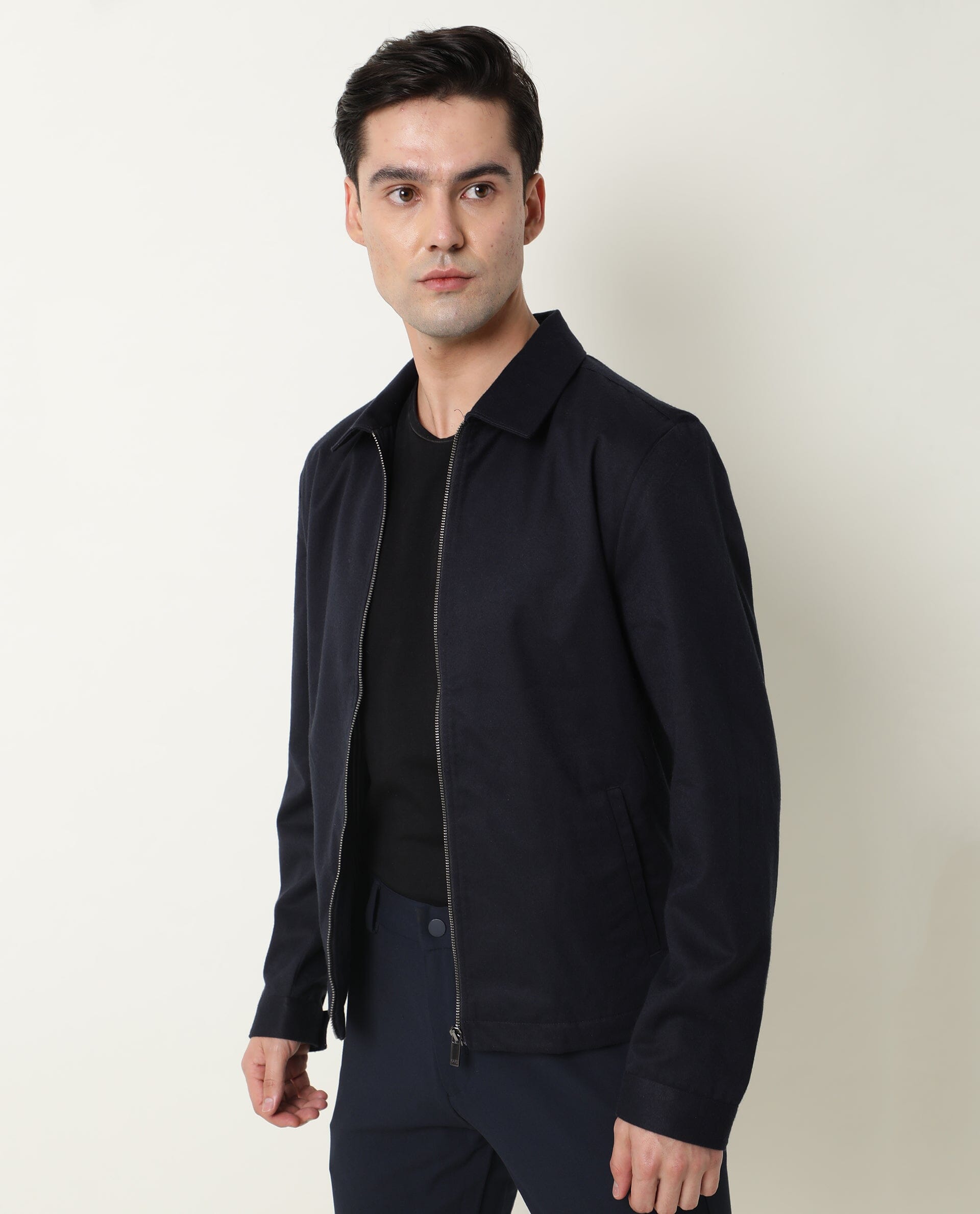 RARE RABBIT MEN'S MILKEN NAVY JACKET COTTON VISCOSE FABRIC COLLARED NECK FULL SLEEVES ZIPPER CLOSURE SLIM FIT