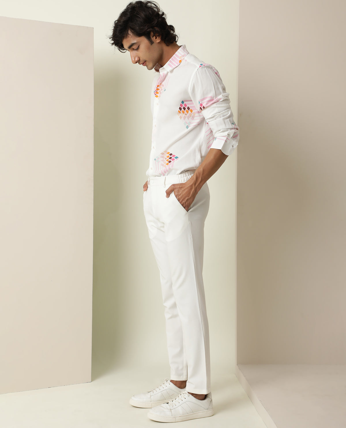 Rare Rabbit Men's Primet White Viscose Fabric Geometric Print Full Sleeves Shirt