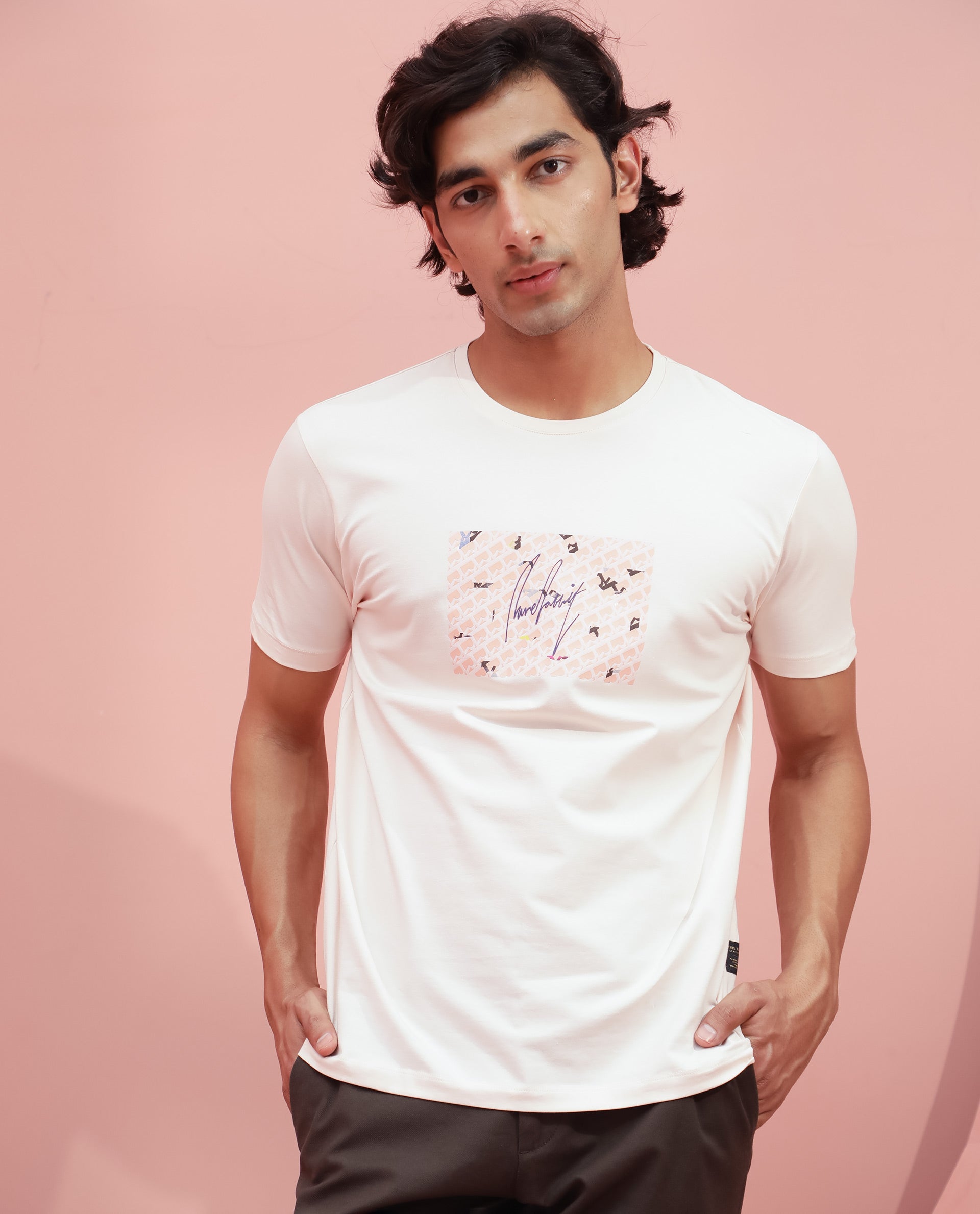 Rare Rabbit Men's Antile Peach Cotton Lycra Fabric Crew Neck Half Sleeves Regular Fit Graphic Print Monogram T-Shirt