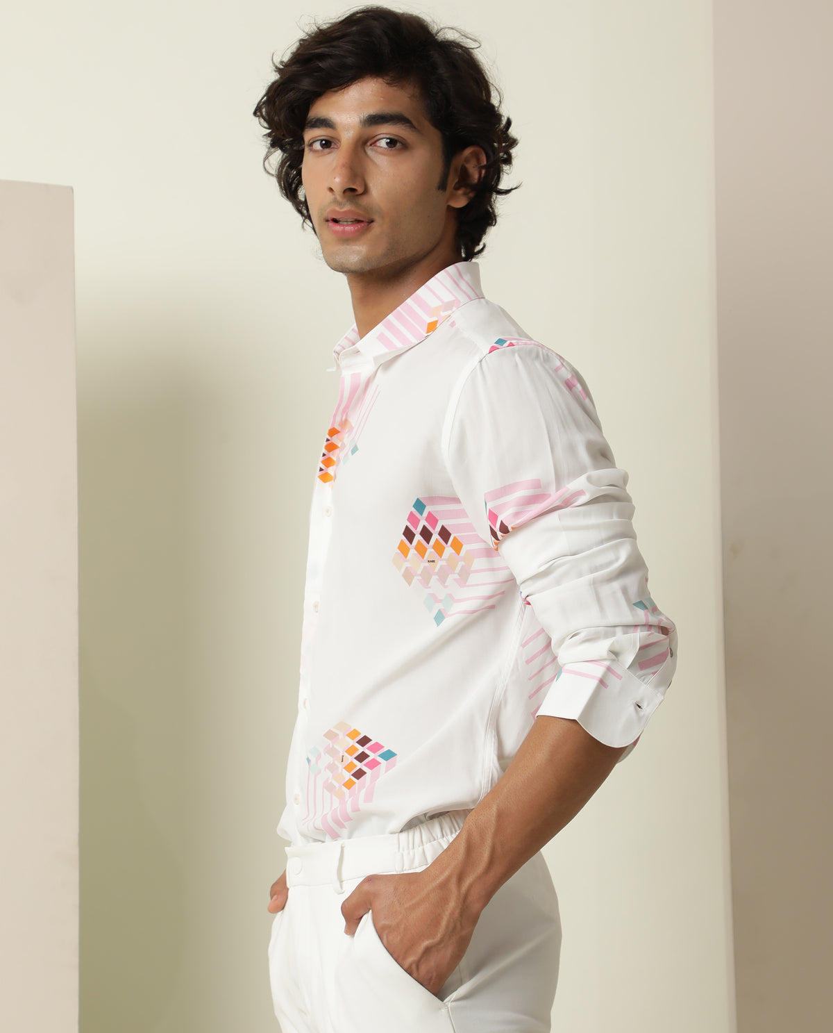 Rare Rabbit Men's Primet White Viscose Fabric Geometric Print Full Sleeves Shirt