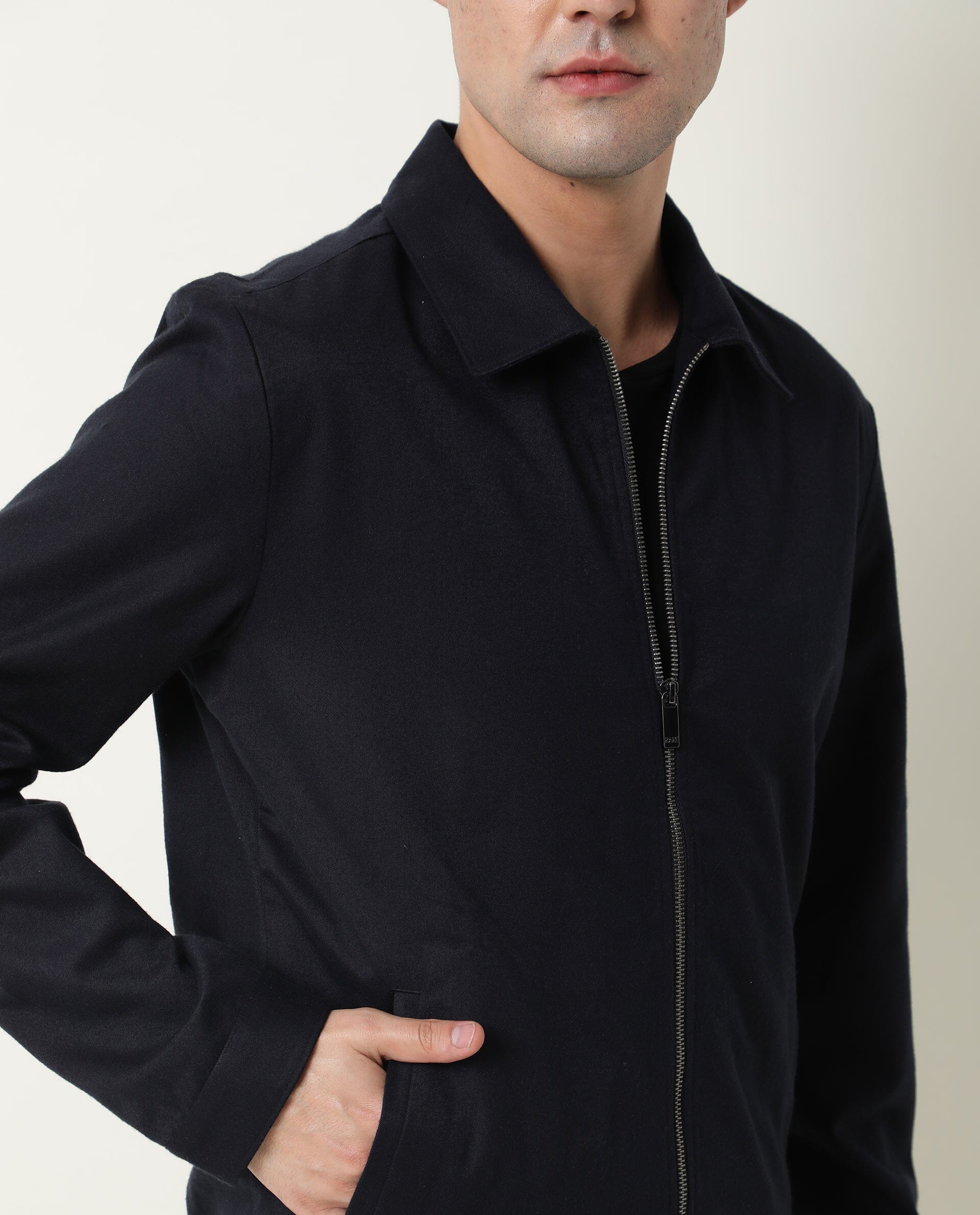 RARE RABBIT MEN'S MILKEN NAVY JACKET COTTON VISCOSE FABRIC COLLARED NECK FULL SLEEVES ZIPPER CLOSURE SLIM FIT