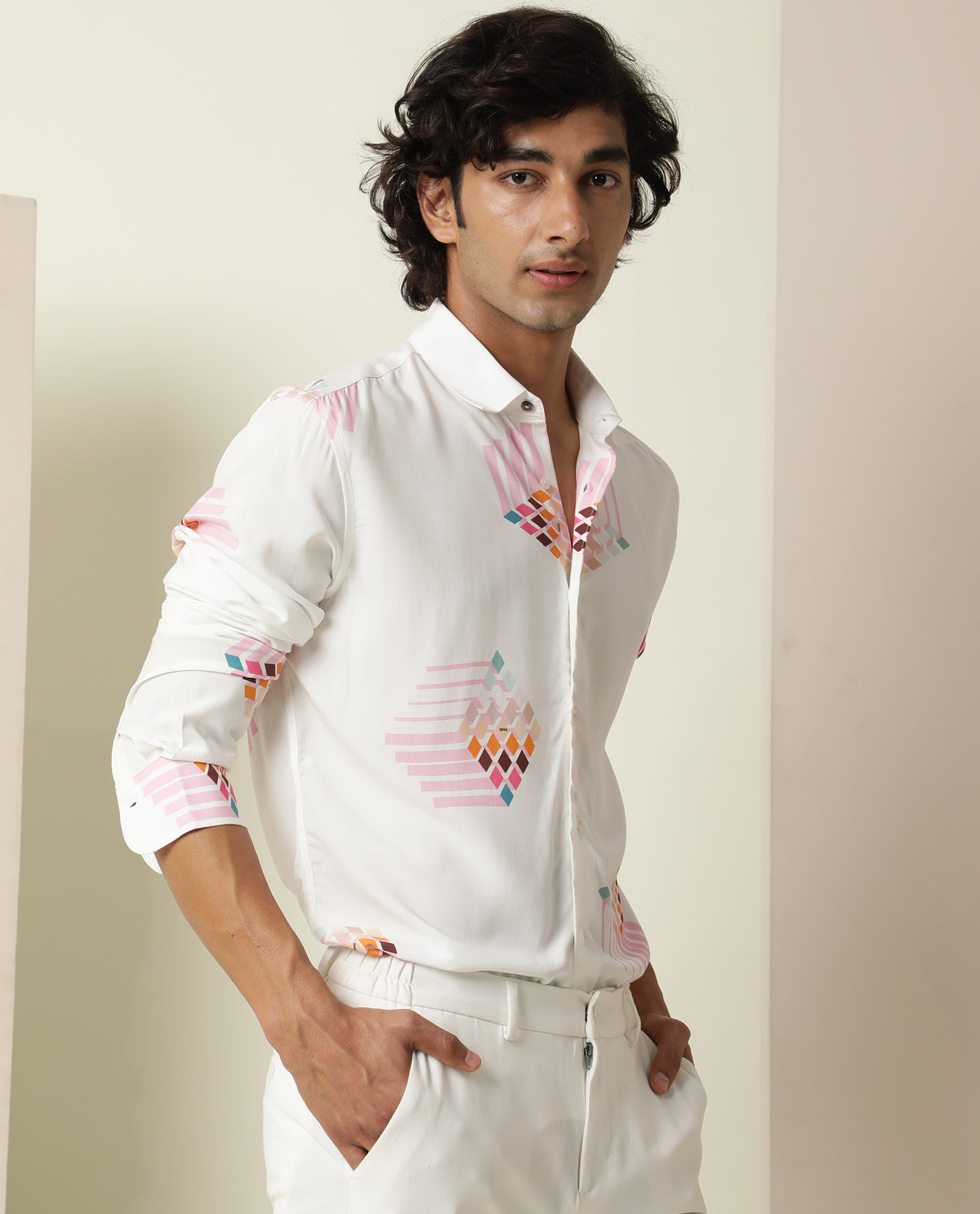 Rare Rabbit Men's Primet White Viscose Fabric Geometric Print Full Sleeves Shirt