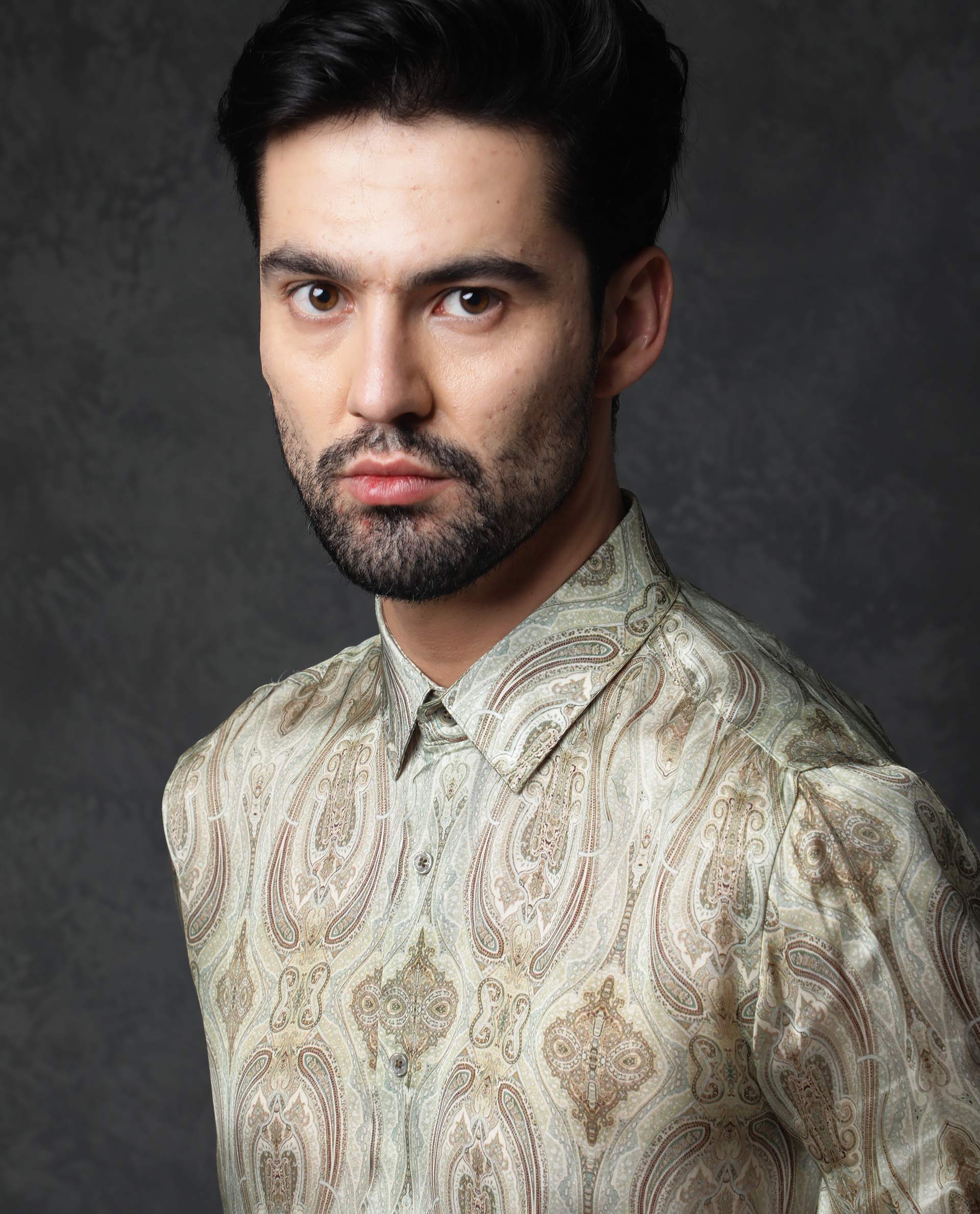 Rare Rabbit Men's Fable Light Olive Satin Paisley Print Full Sleeves Shirt