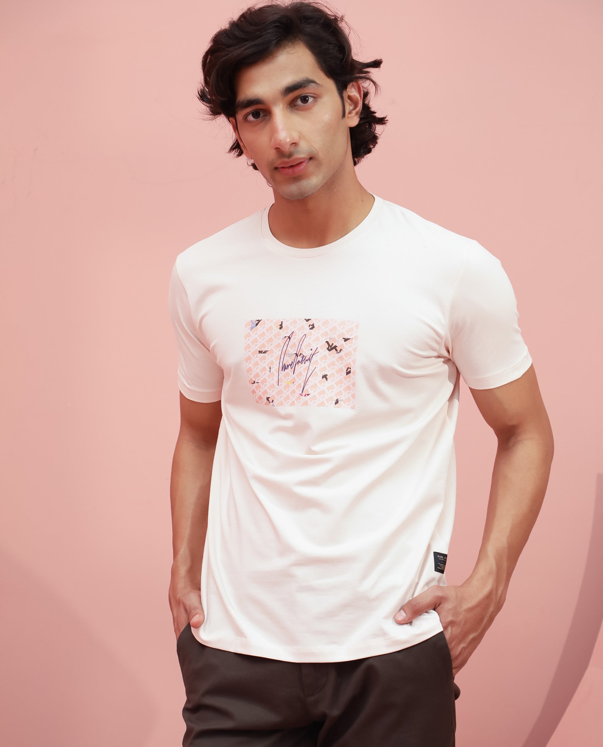 Rare Rabbit Men's Antile Peach Cotton Lycra Fabric Crew Neck Half Sleeves Regular Fit Graphic Print Monogram T-Shirt