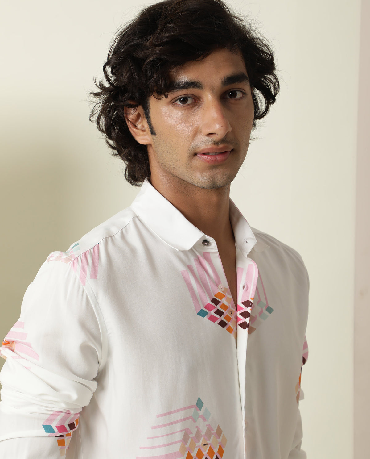 Rare Rabbit Men's Primet White Viscose Fabric Geometric Print Full Sleeves Shirt