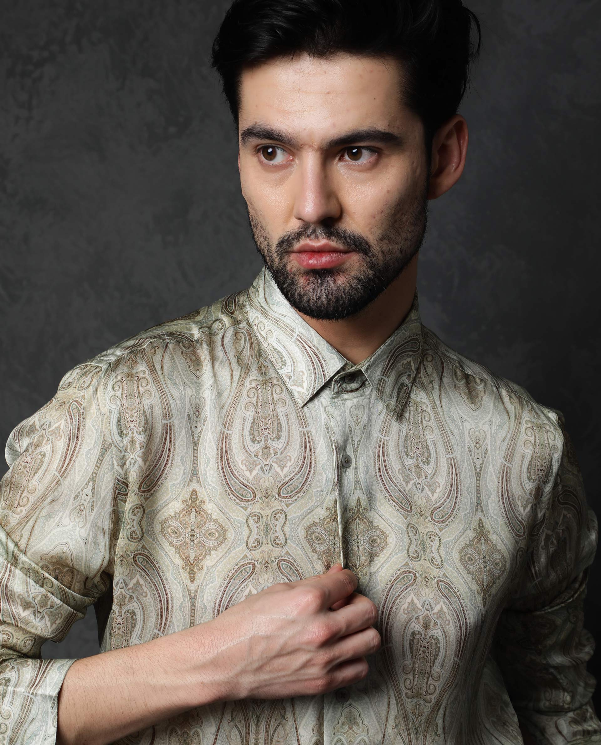Rare Rabbit Men's Fable Light Olive Satin Paisley Print Full Sleeves Shirt