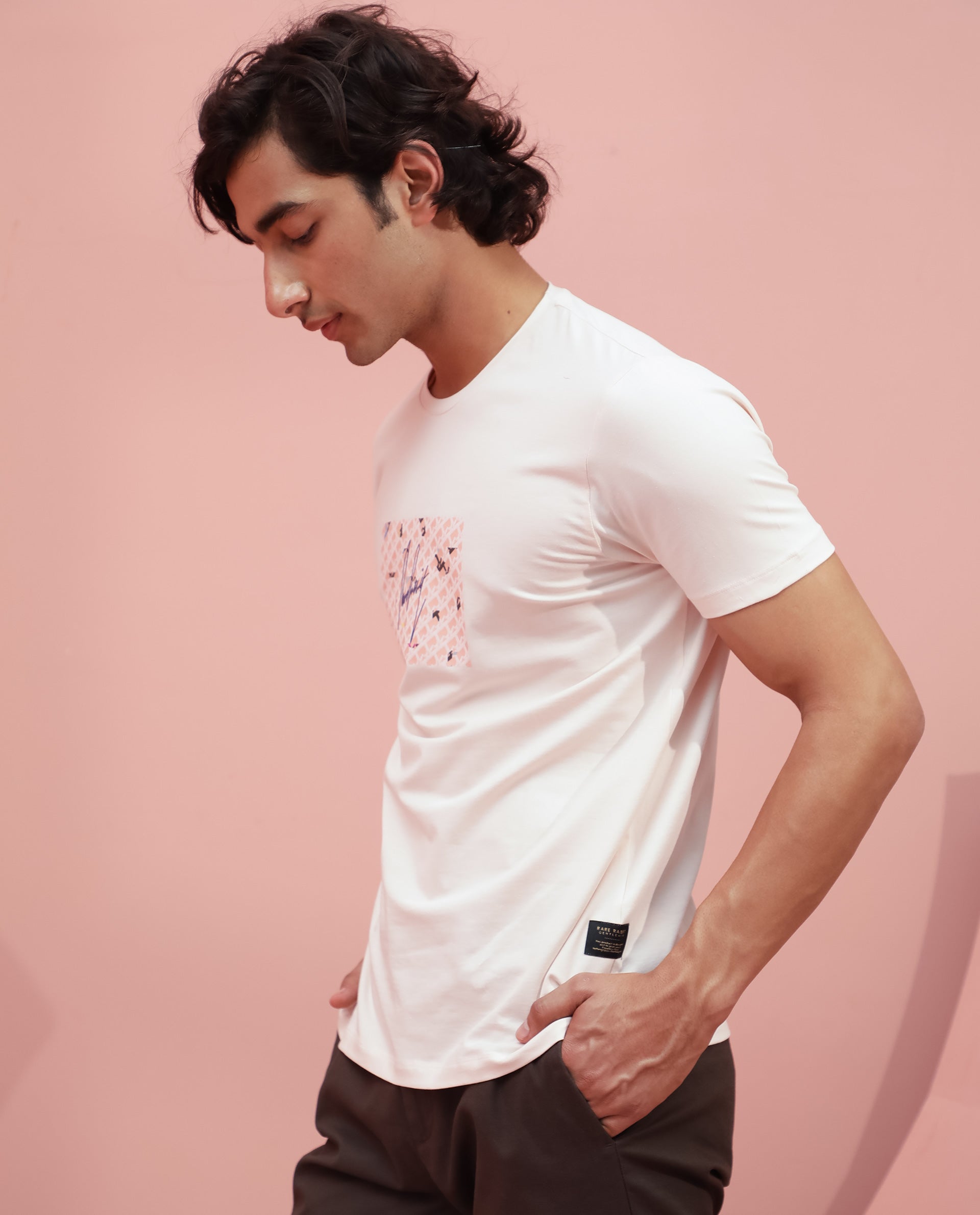 Rare Rabbit Men's Antile Peach Cotton Lycra Fabric Crew Neck Half Sleeves Regular Fit Graphic Print Monogram T-Shirt