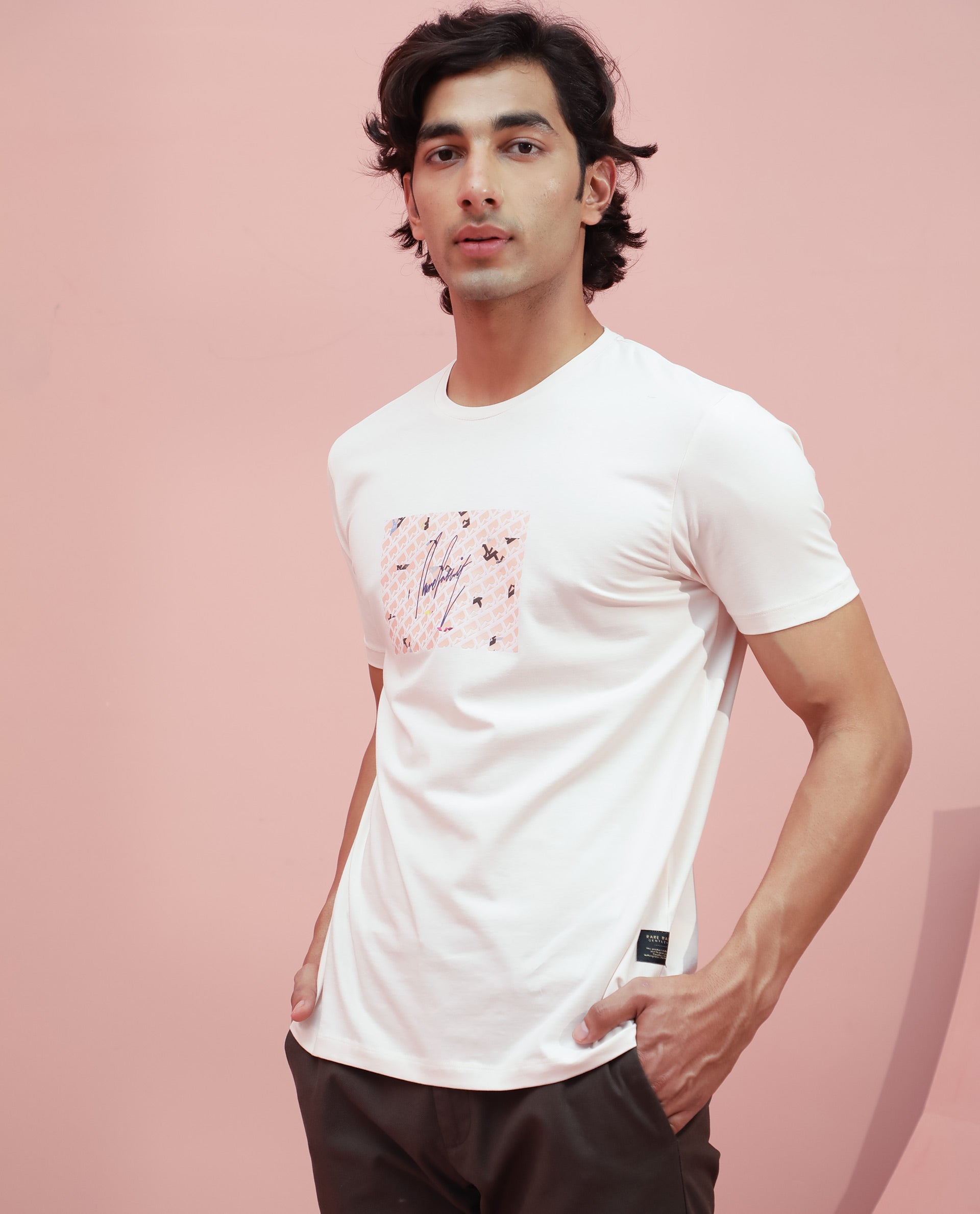 Rare Rabbit Men's Antile Peach Cotton Lycra Fabric Crew Neck Half Sleeves Regular Fit Graphic Print Monogram T-Shirt