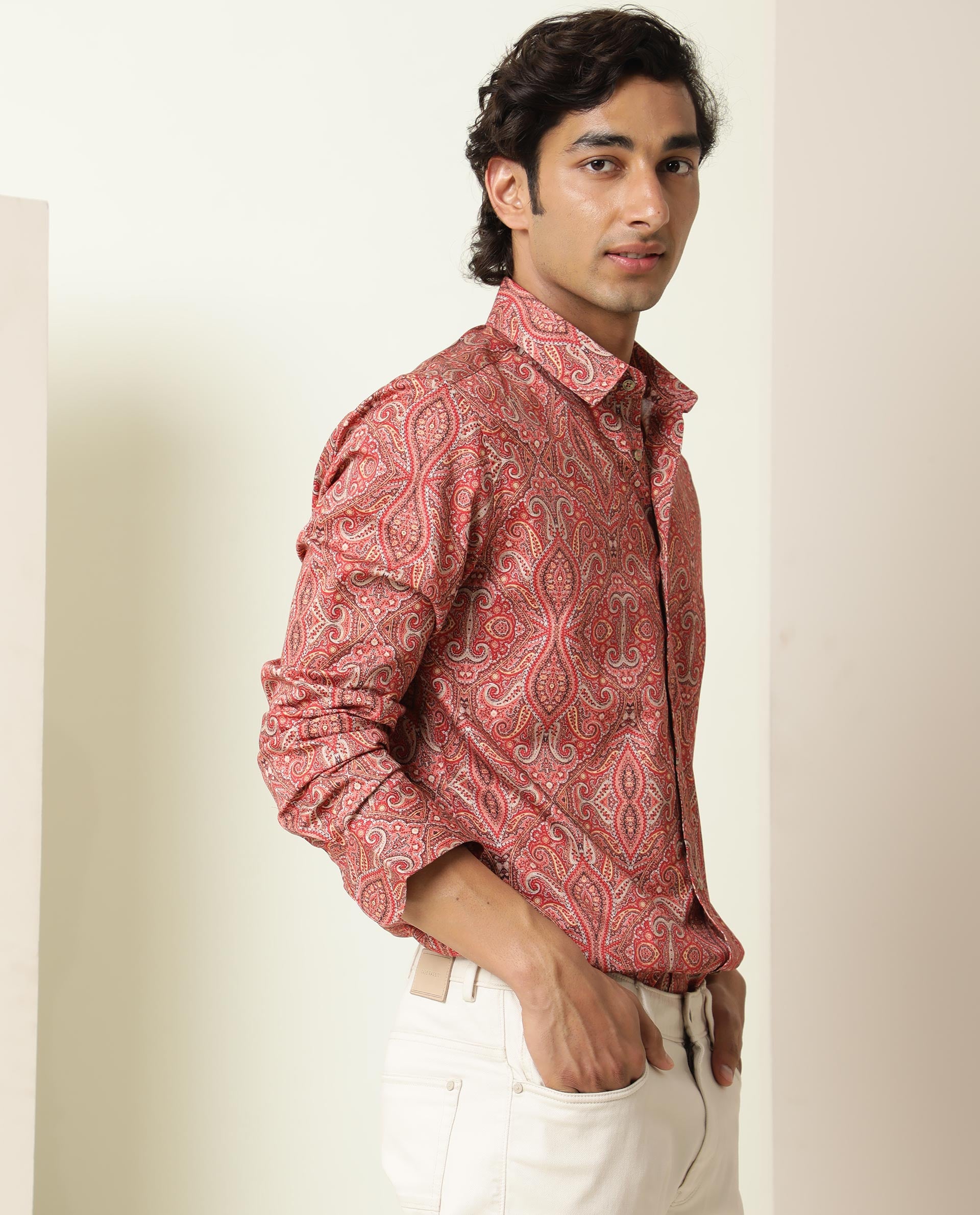 Rare Rabbit Men's Moire Red Cotton Fabric Paisley Print Full Sleeves Shirt