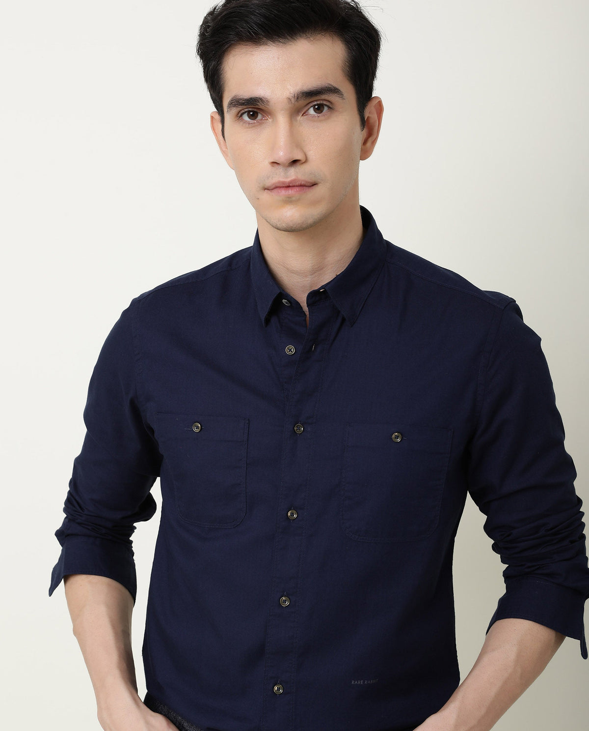 RARE RABBIT HARRINBONE PRIMARY NAVY SHIRT COTTON FABRIC FULL SLEEVE SPREAD COLLAR SLIM FIT